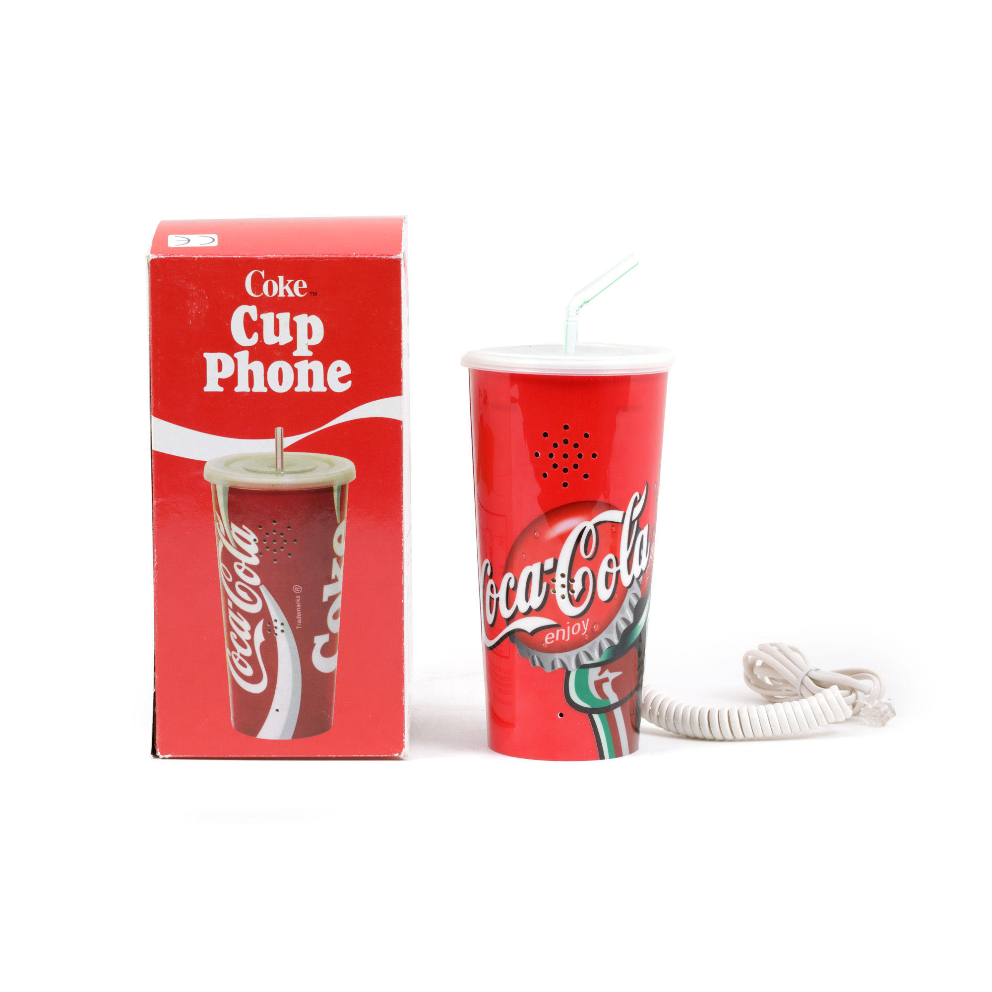 Telefon cu fir, sub forma unei sticle de Coca-Cola, în cutia originală