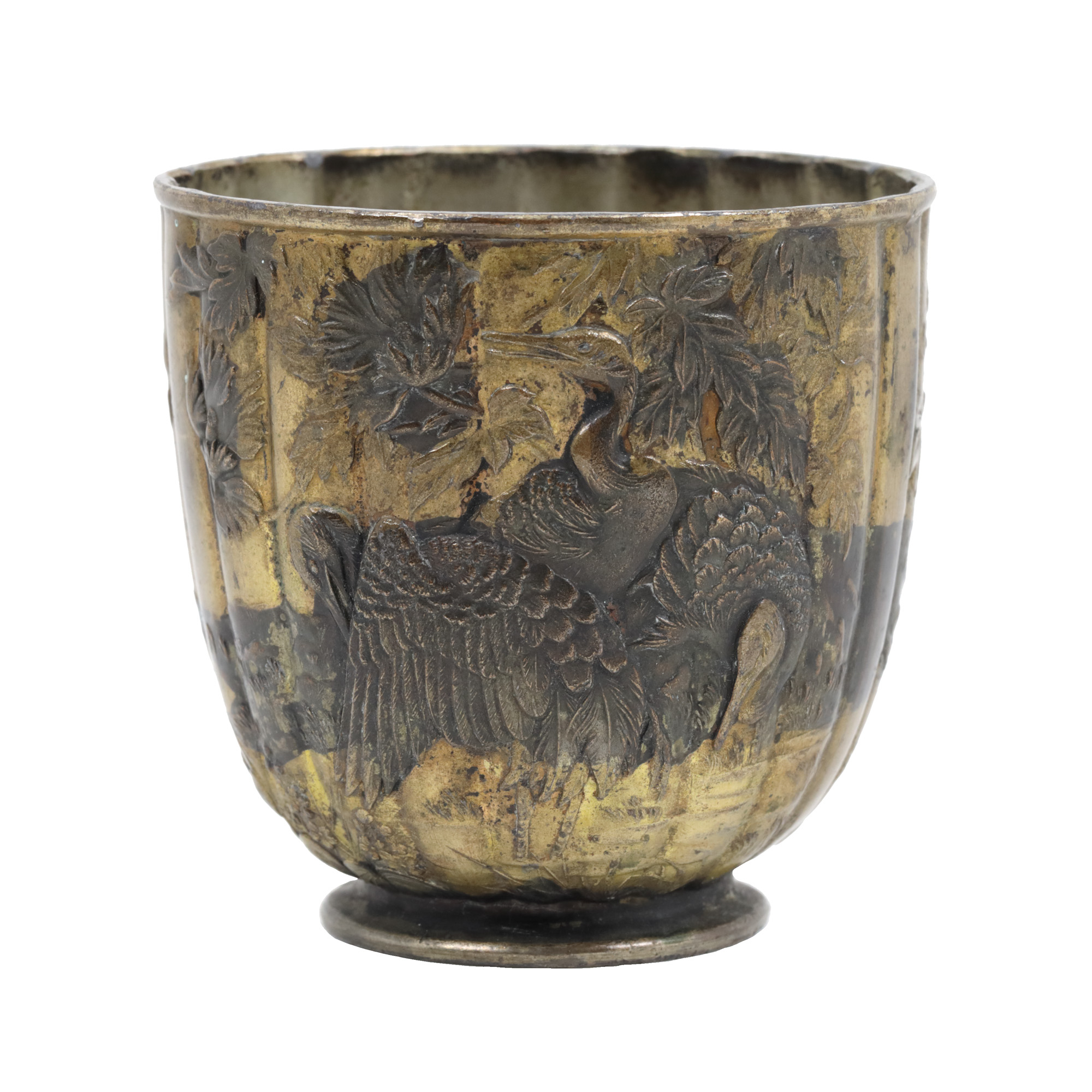 Decorated glass in shakudō technique, with herons and flowers, Meiji period, Japan, early 20th century