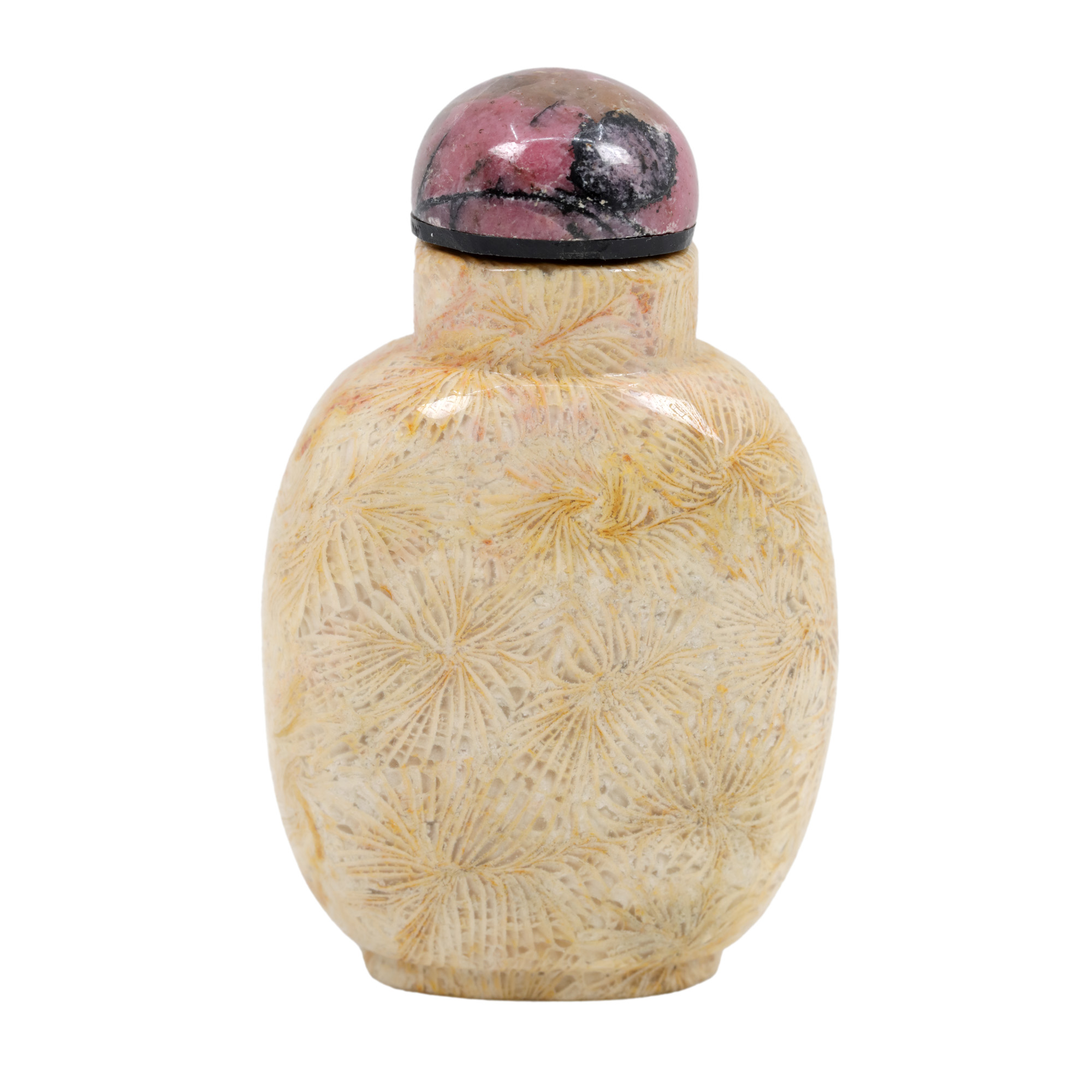 Snuff bottle - sticluţă pentru prizat, sculptată dintr-o splendidă rocă fosilizată, perioada dinastiei Qing, China, sec. XVIII