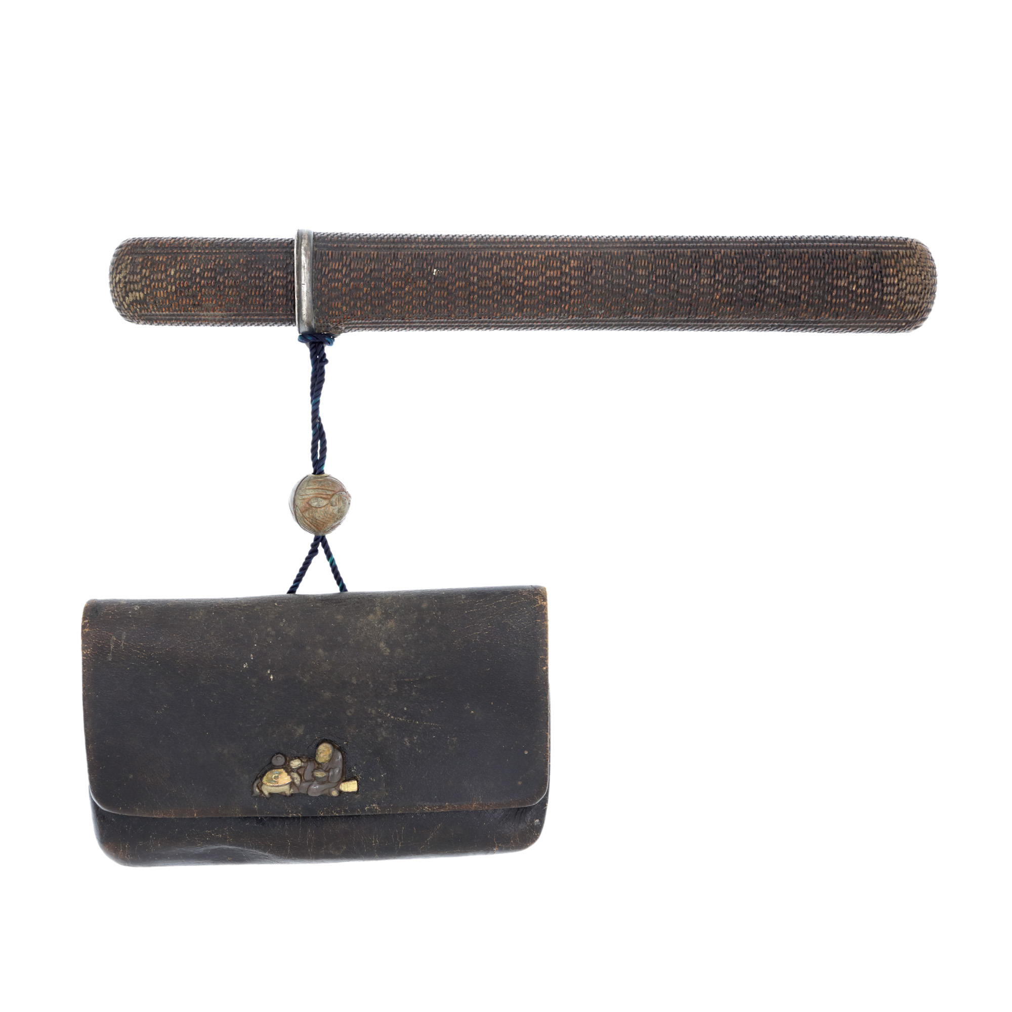 Tobacco holder, decorated with a scene of a sage warming up at a stove, carved ojime, opium pipe, Meiji period, Japan, end of the 19th century.