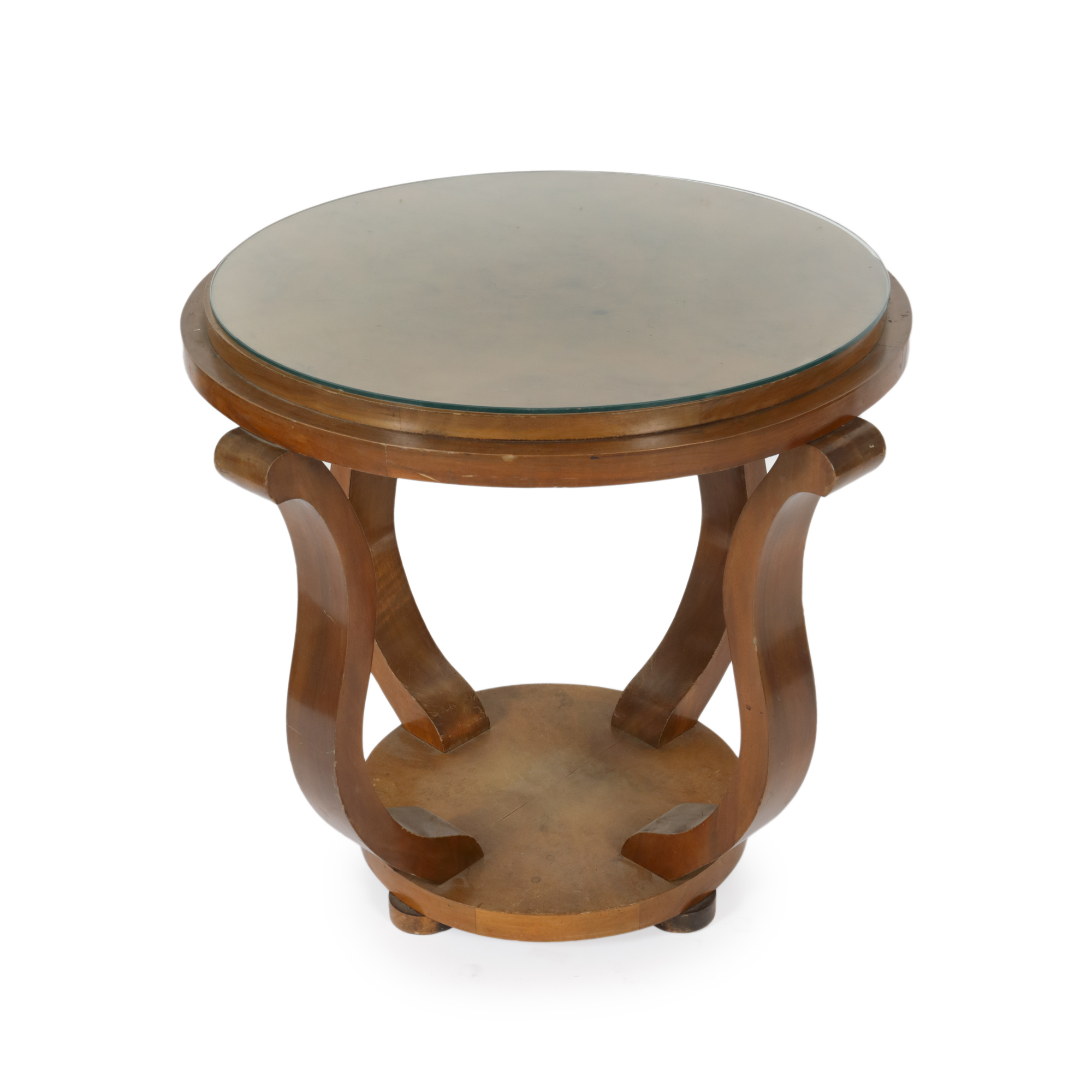 Biedermeier style table with round top, made of walnut wood, circa 1920.