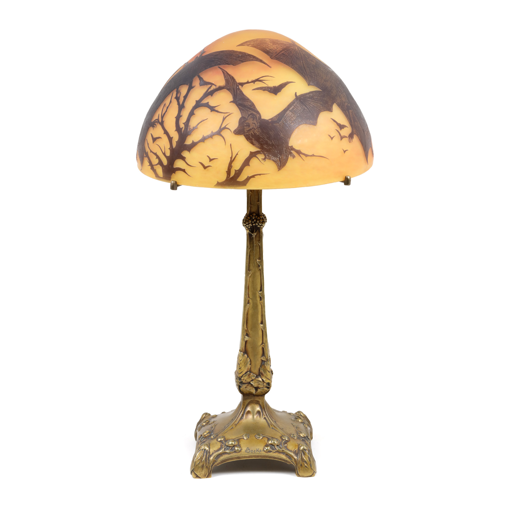 Becker Lamp, with bronze base and glass shade, decorated with bats, circa 1905