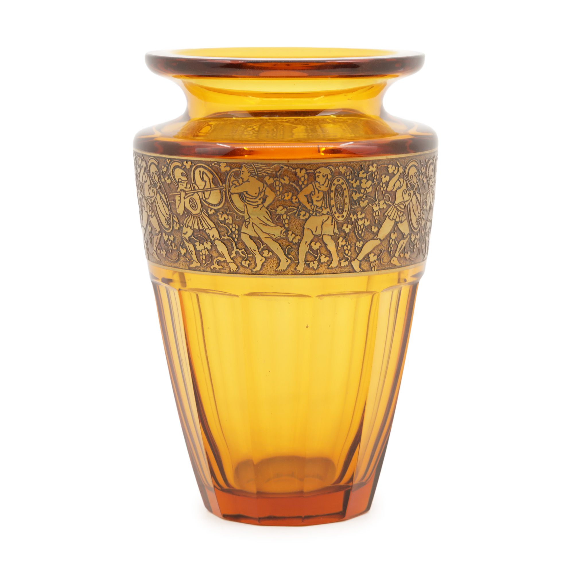 Moser crystal vase, decorated with golden frieze depicting ancient war scenes