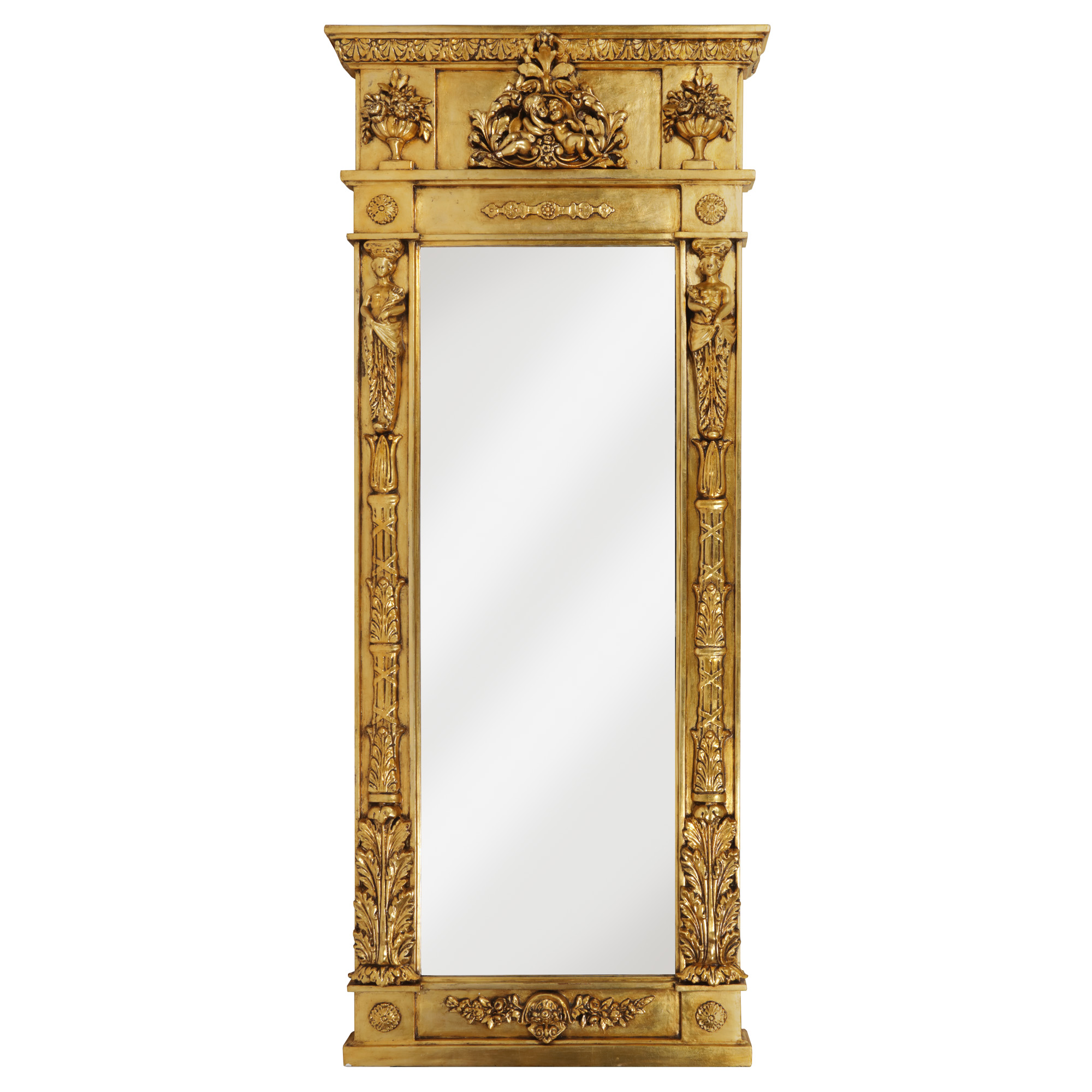 Louis XVI Style Mirror in Painted Wood, Decorated with Caryatids and Flower Vases, end of the 19th Century