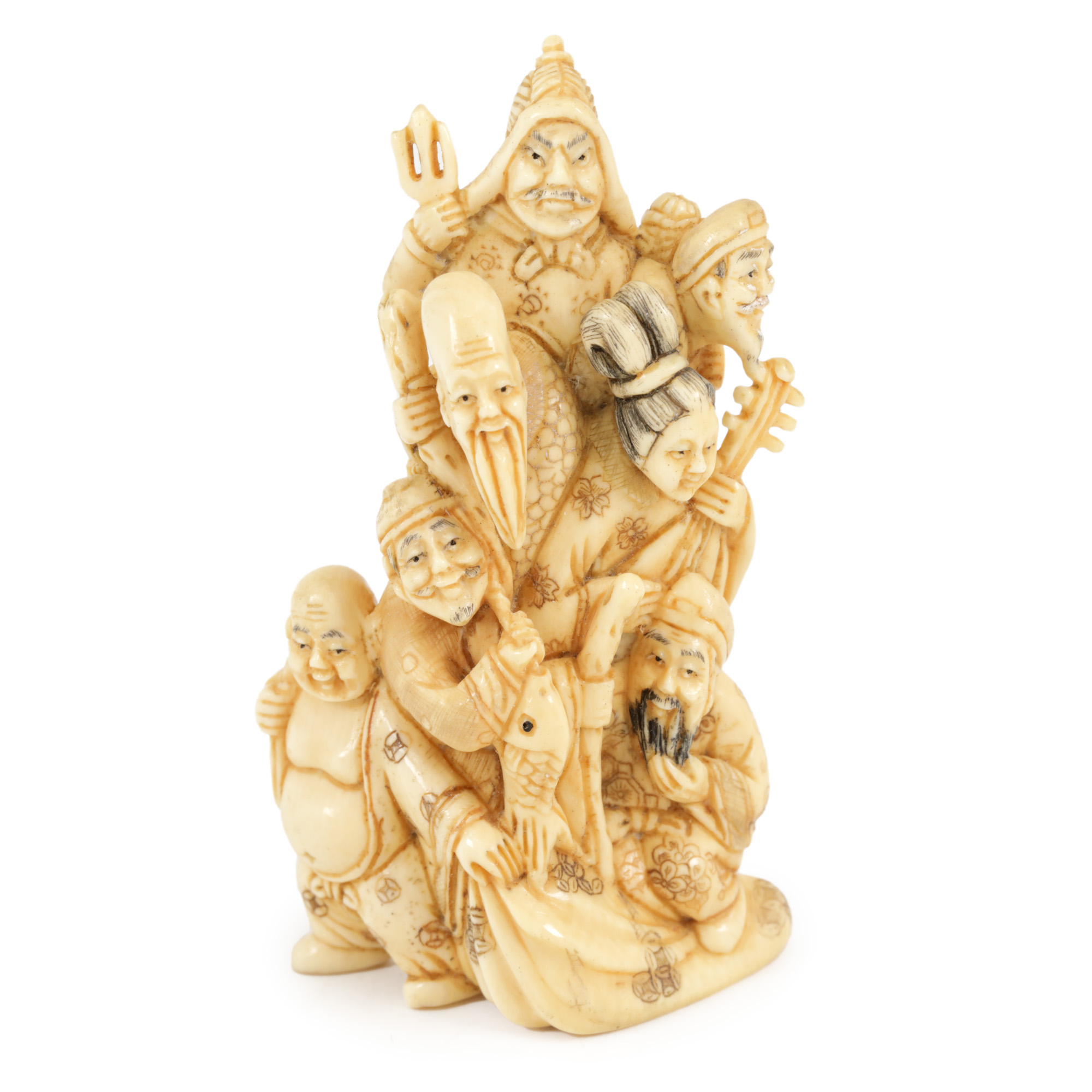 Netsuke din fildeș, reprezentându-i pe Cei Șapte Nemuritori, semnat, perioada Edo, Japonia, prima jumătate a sec. XIX