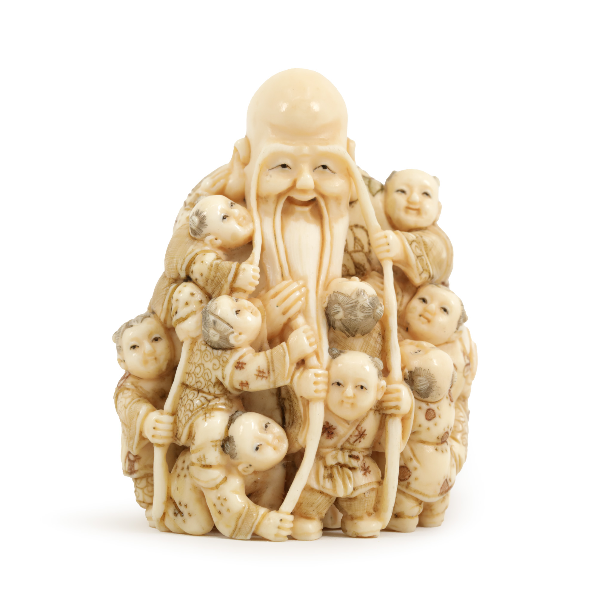 Ivory Netsuke, representing a scholar surrounded by children, signed, Edo period, Japan, early 19th century, rare, collectible piece