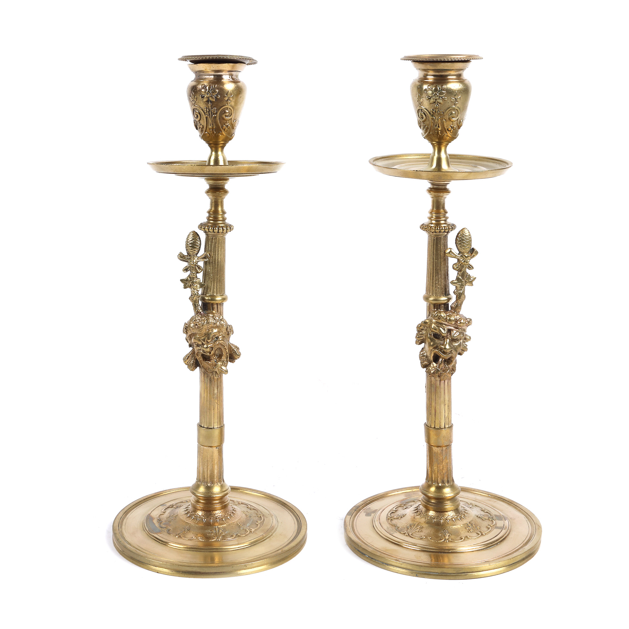 Pair of gilded bronze candelabras by Susse Frères, with Neo-classical decoration, effigies inspired by characters from "Commedia dell'arte", 19th century.