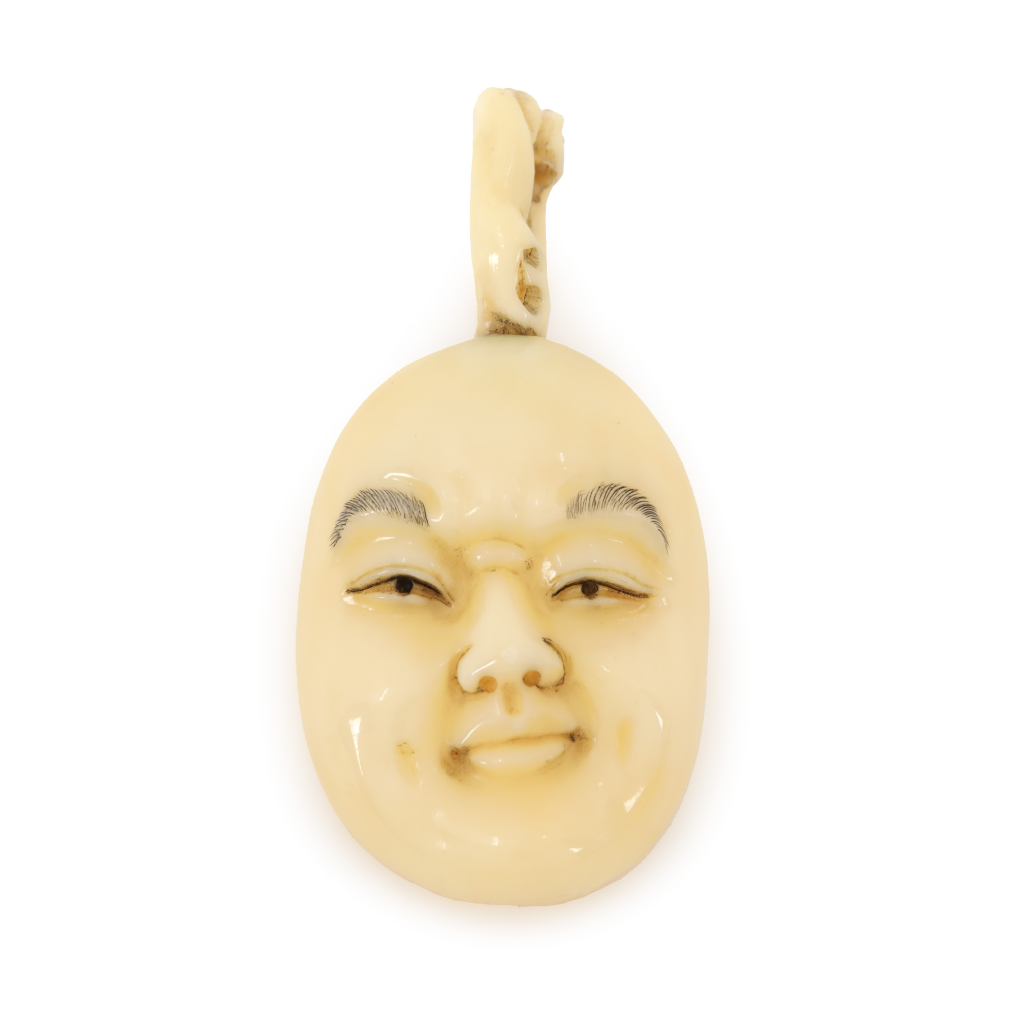 Mică broșă, probabil fildeș, ilustrând o mască de teatru Noh, perioada Meiji, Japonia, cca. 1900