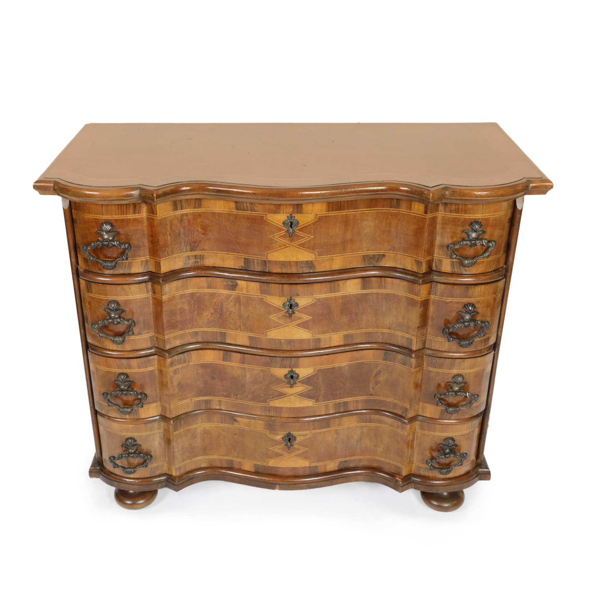 Baroque style chest of drawers with walnut marquetry, circa 1900