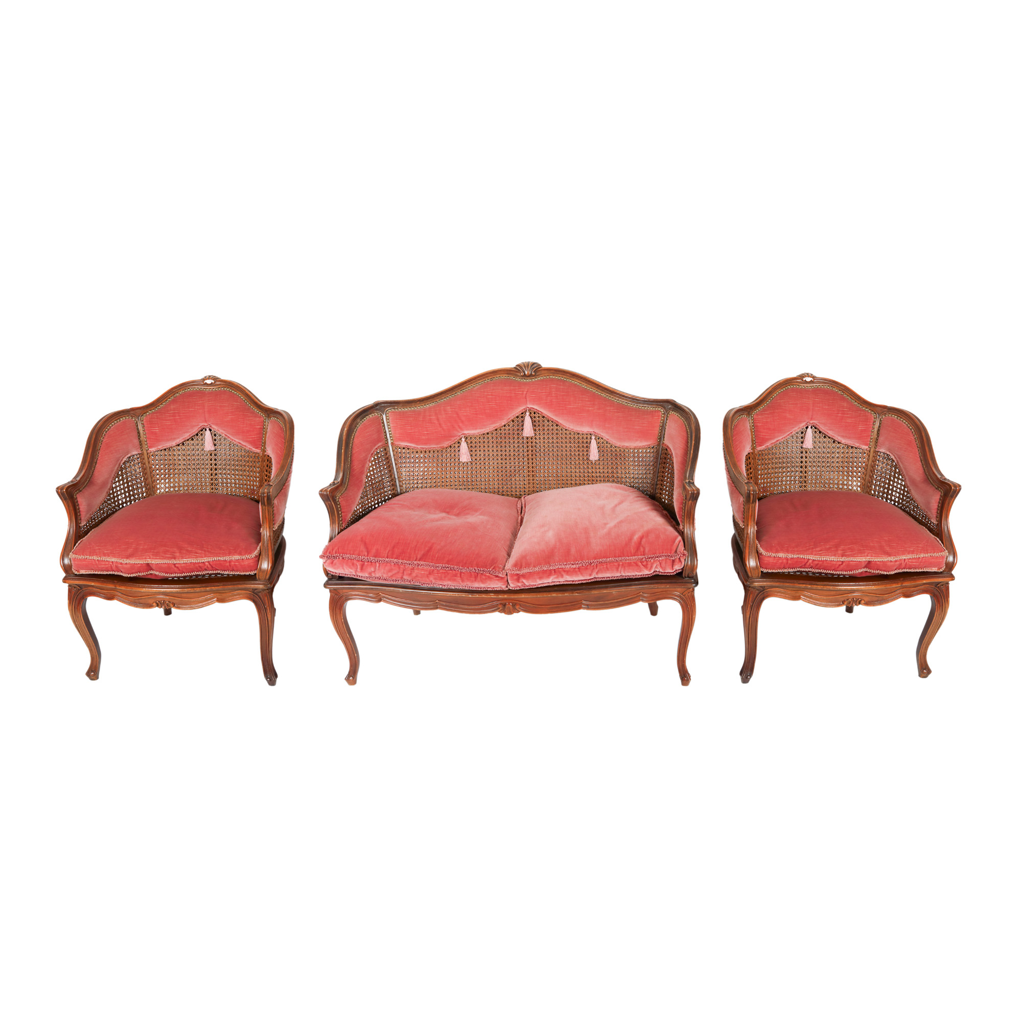 Louis XV style set, consisting of a sofa and pair of "Corbeille canné" armchairs, with pink velvet upholstery, 19th century