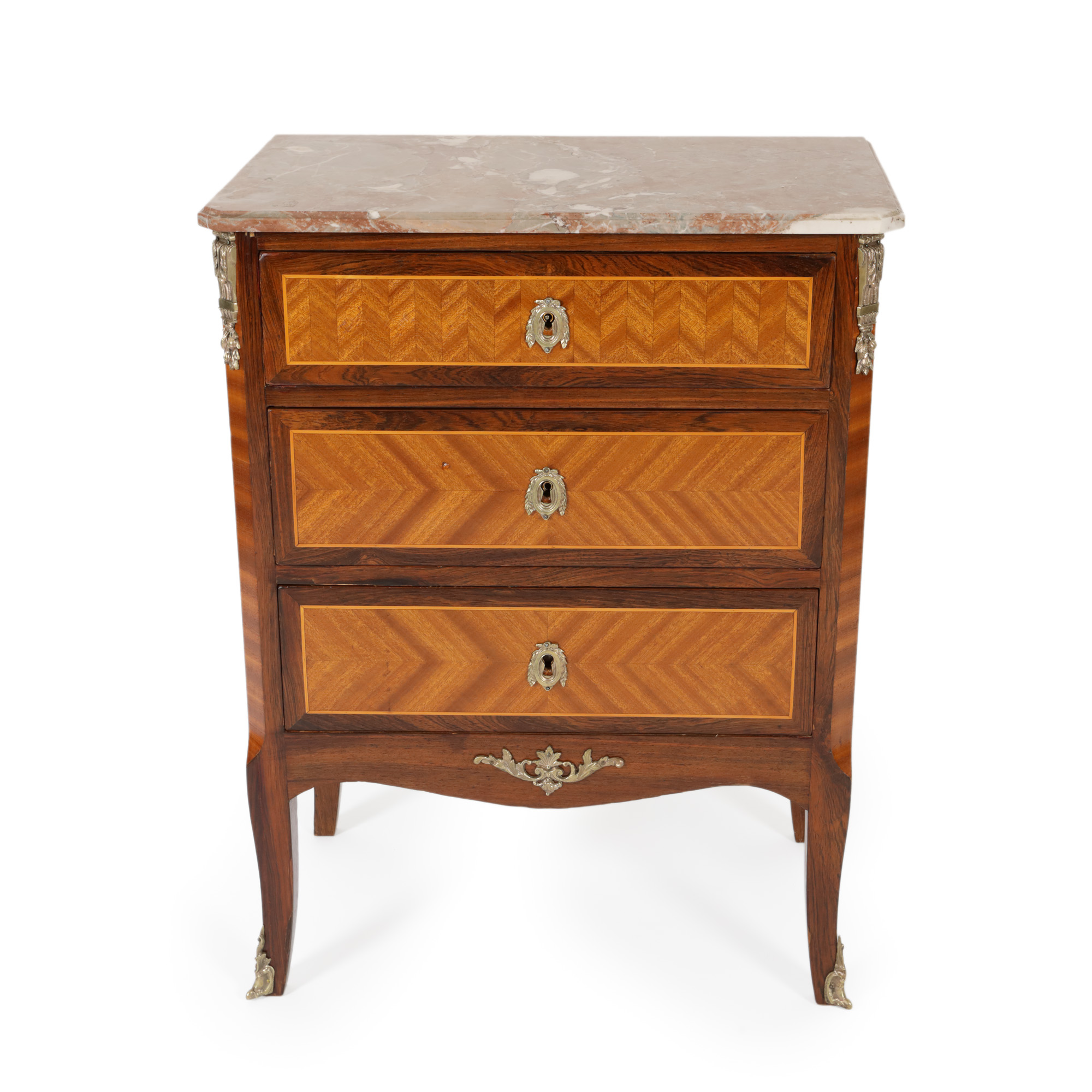 Small Louis XVI commode, with marquetry and marble top, early 20th century