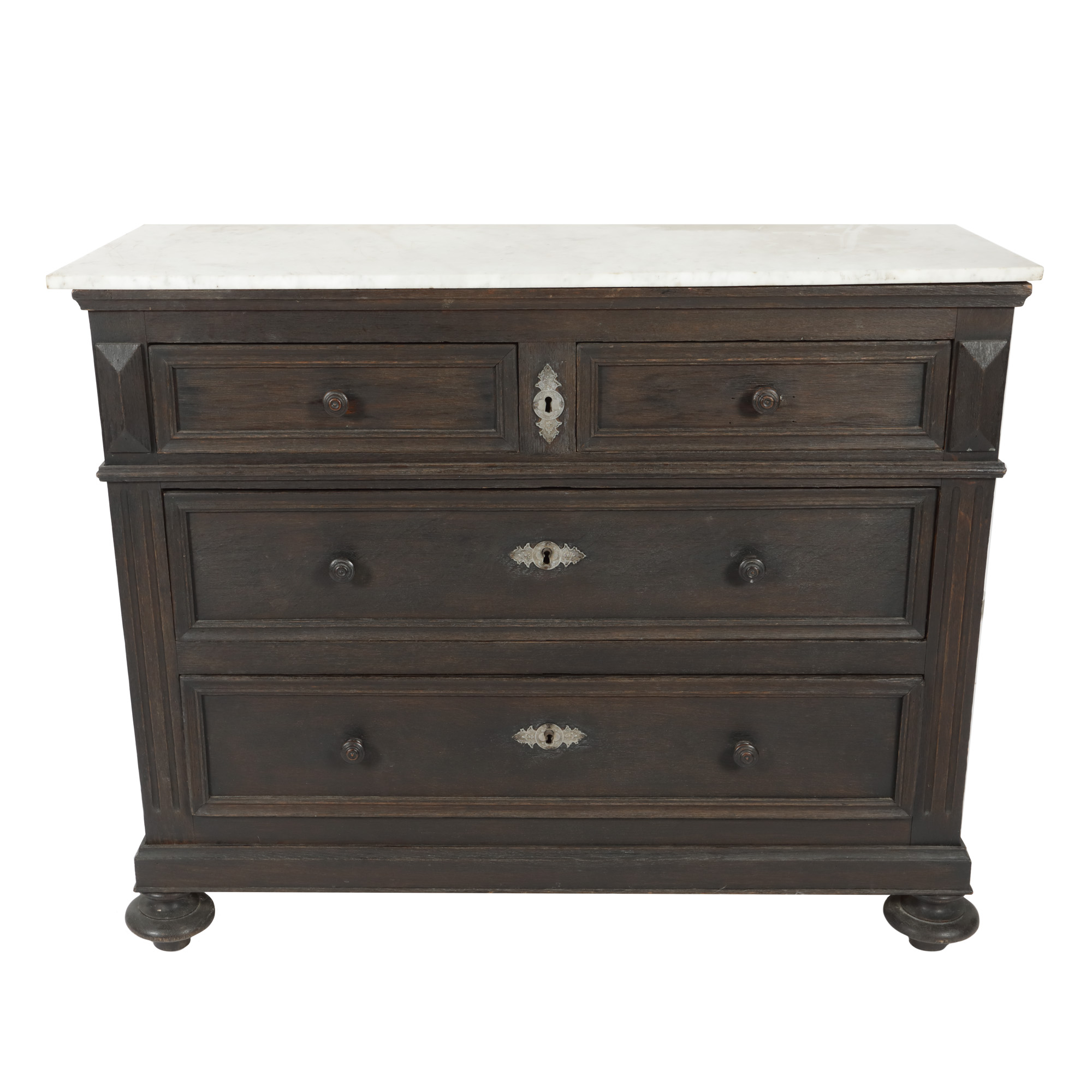 Wooden chest of drawers with white marble top, circa 1930-1940