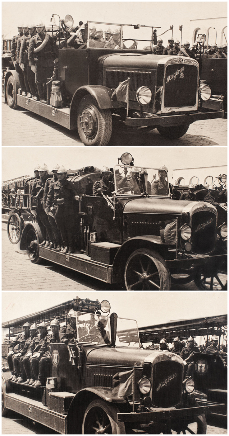 Lot format din 3 fotografii reprezentând defilarea pompierilor militari bucureșteni, din 10 mai 1934, fotograf M. Vesa