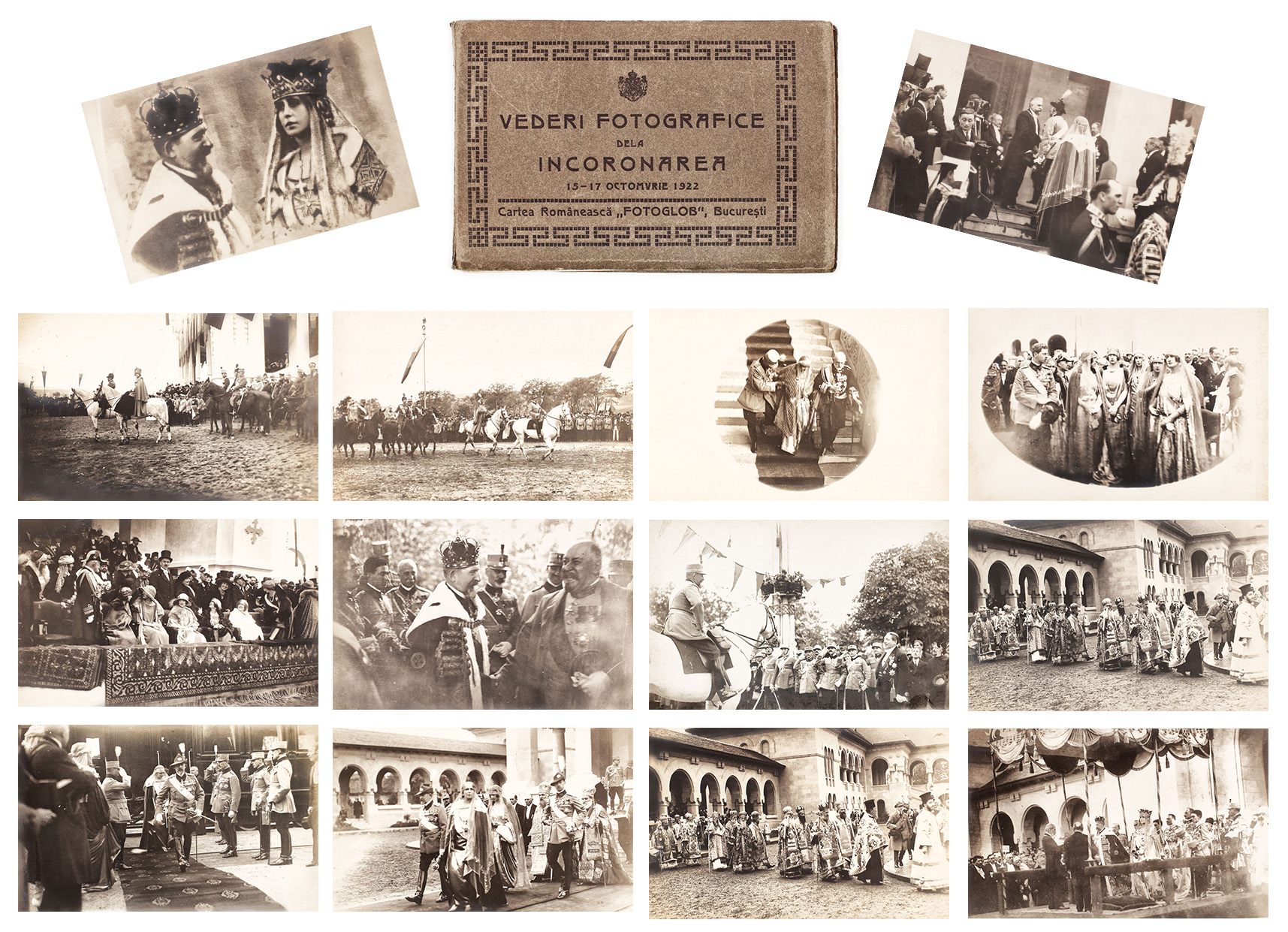 Album cuprinzând 17 cărţi poştale cu imagini de la Încoronarea Regelui Ferdinand şi a Reginei Maria, atelier Fotoglob