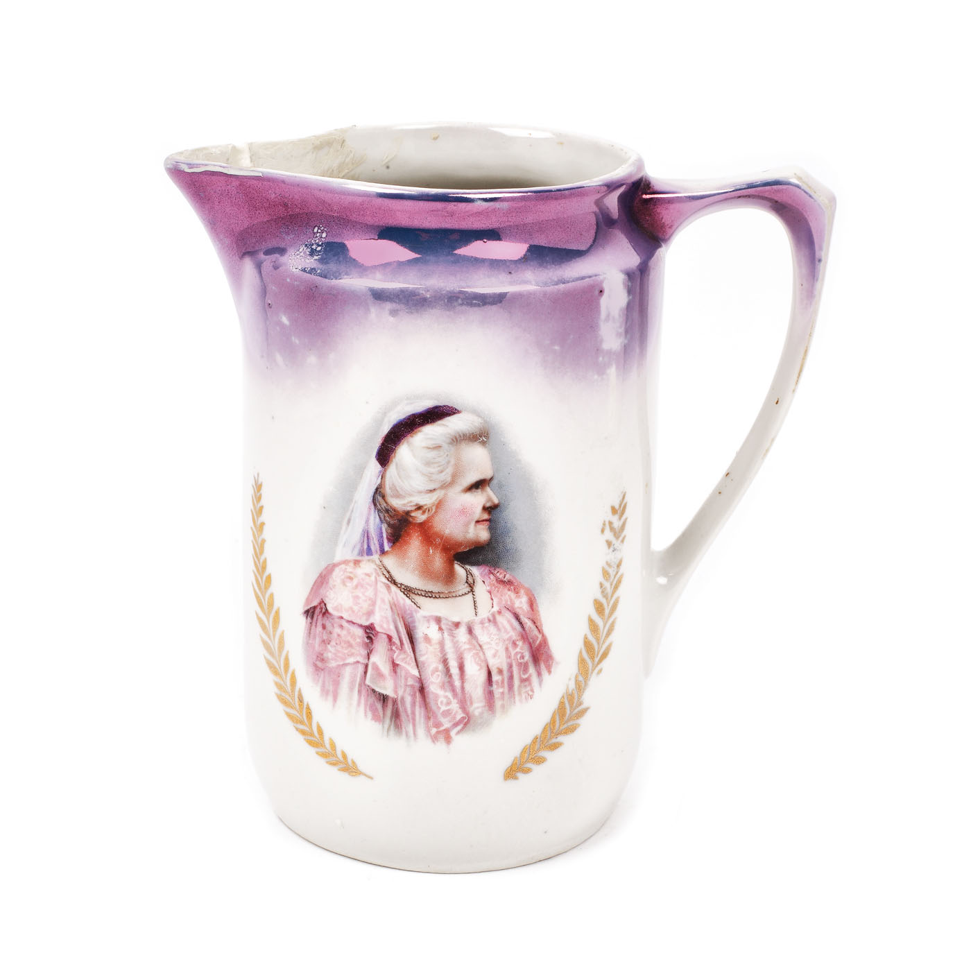 Carafă din porțelan, decorată cu efigia Reginei Elisabeta, începutul sec. XX