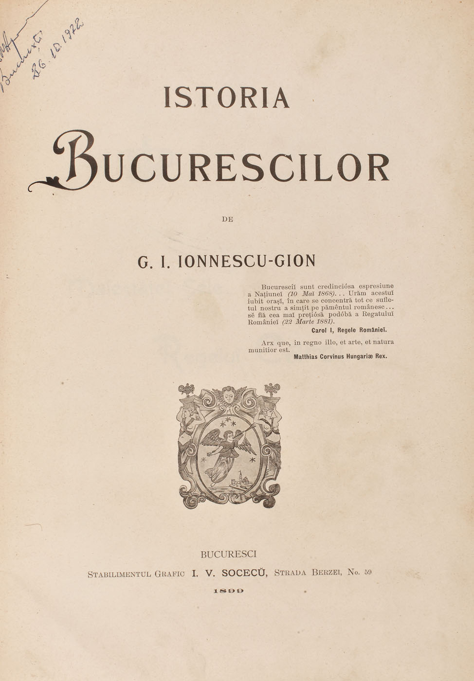 "Istoria Bucurescilor", de Gheorghe Ionescu-Gion, 1899