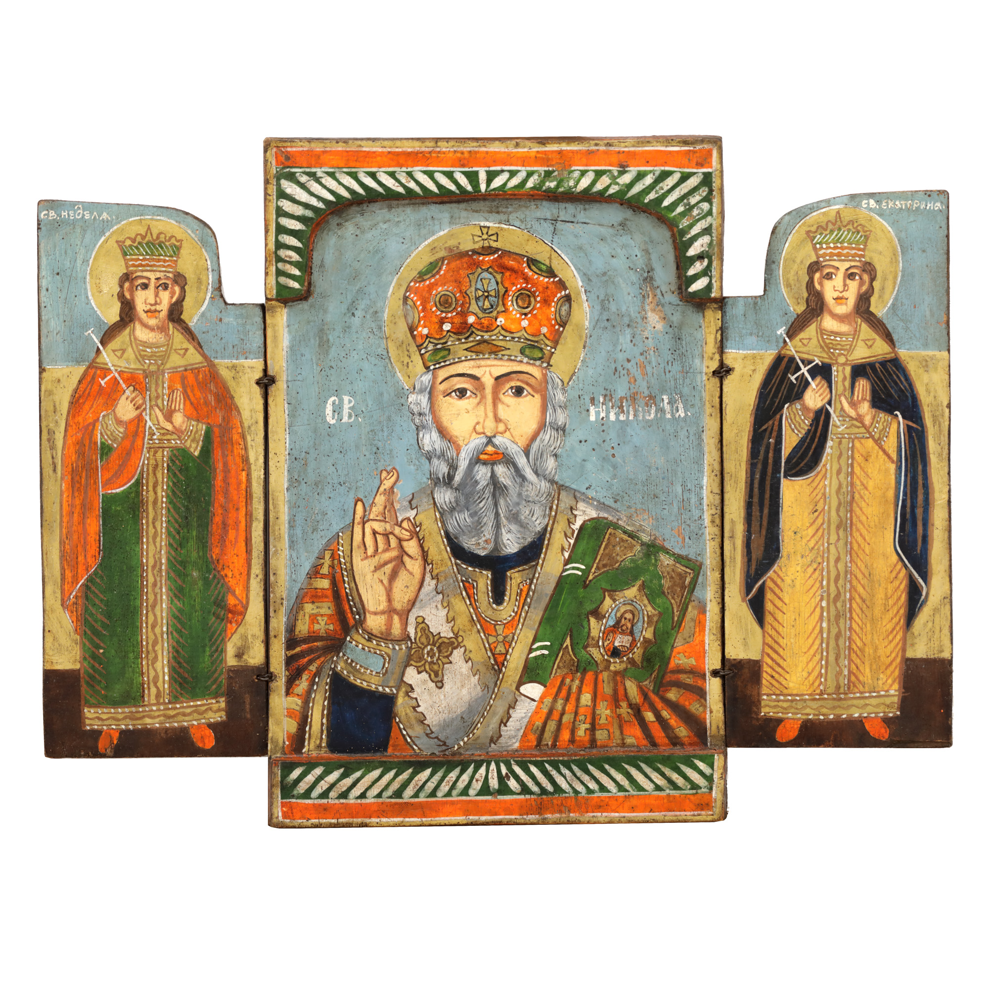 Triptych, "Saint Nicholas, Saint Helen and Saint Catherine", Bulgarian school, beginning of the 19th century