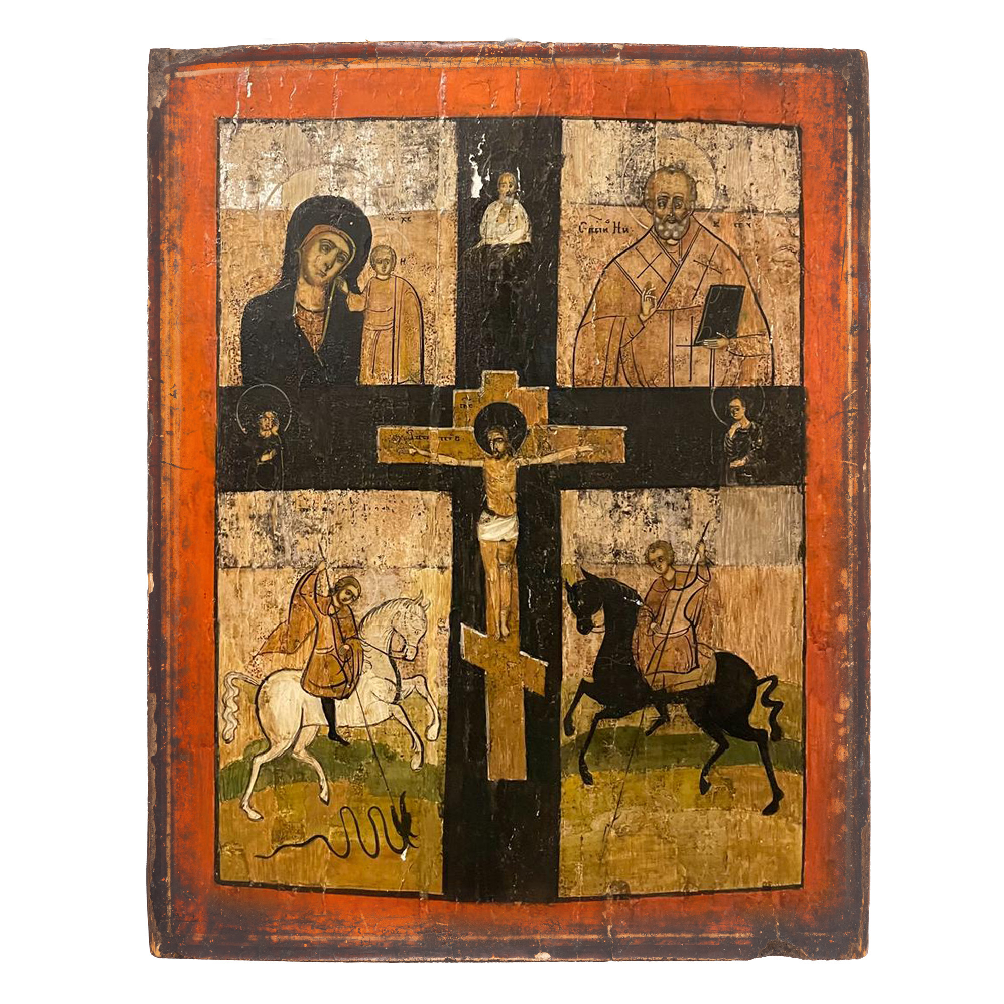 "Icon on wood, in four registers, 'Mother of God with the Child (Kazanskaya), Saint Nicholas, Saint George and Saint Dimitrie', Russian school, 19th century"