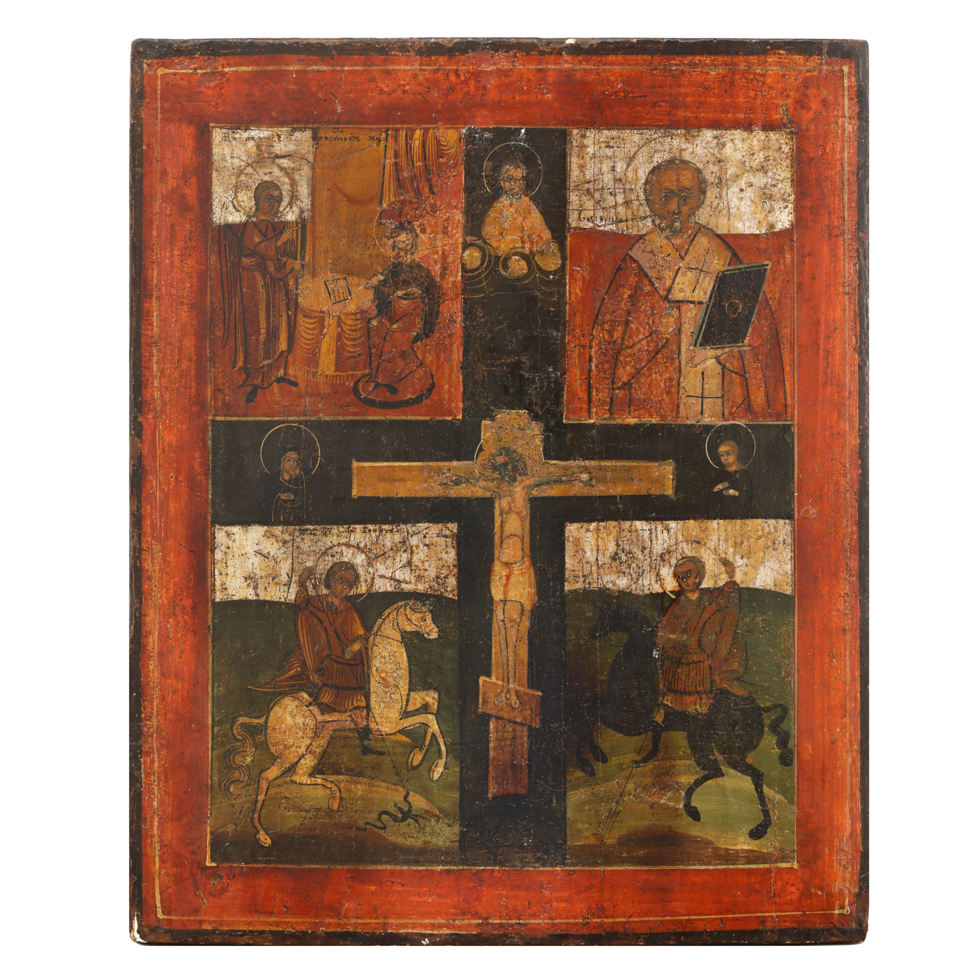 Icon on wood, in four registers, "Mother of God with the Child (Kazanskaya), Saint Nicholas, Saint George and Saint Dimitri", Russian school, 19th century.