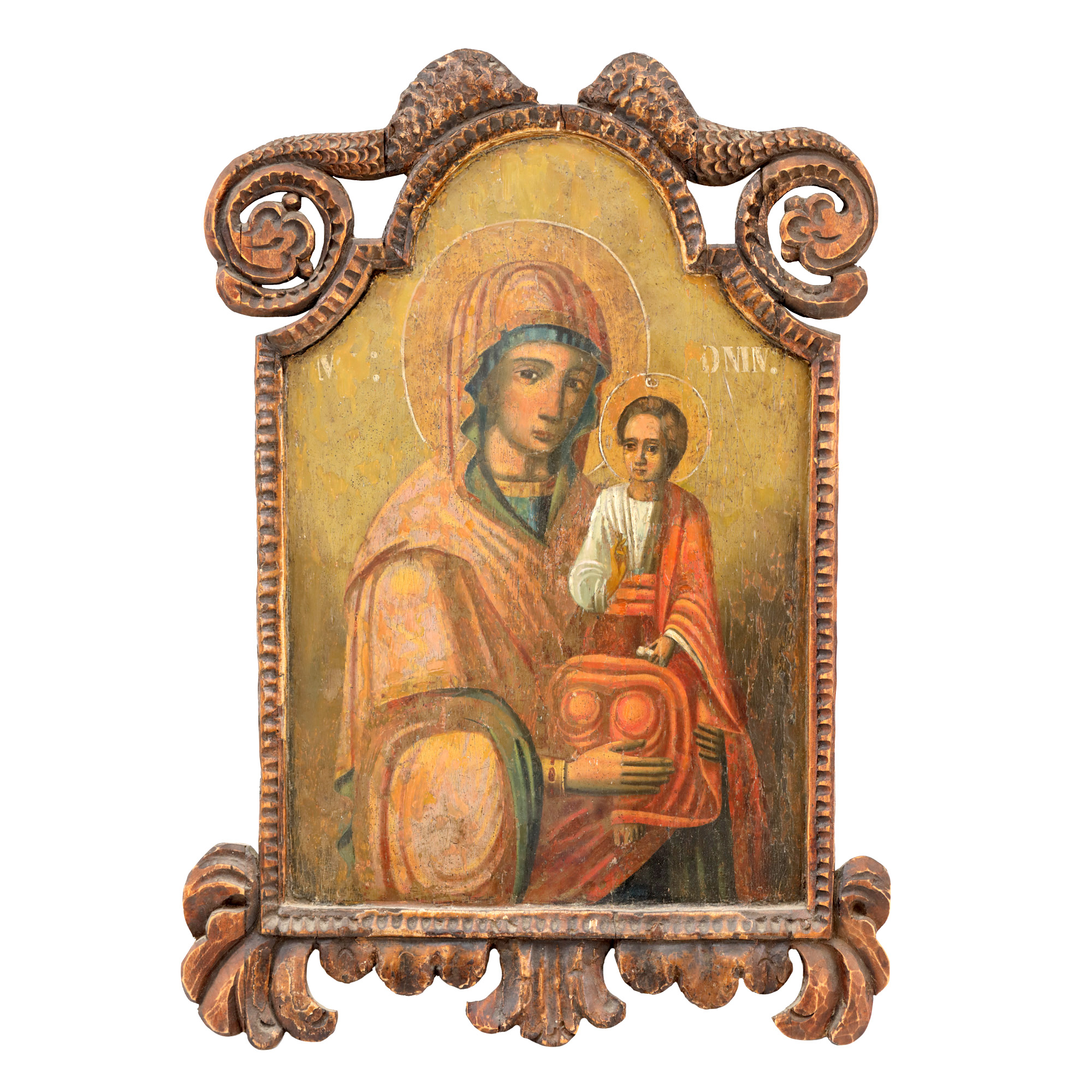 Icon on wood, "Mother of God with the Infant", carved frame, Romanian school, 19th century
