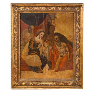 Icoană pe lemn, "Sfânta Familie și Sfântul Ieronim”, școală venețiană, sec. XVI