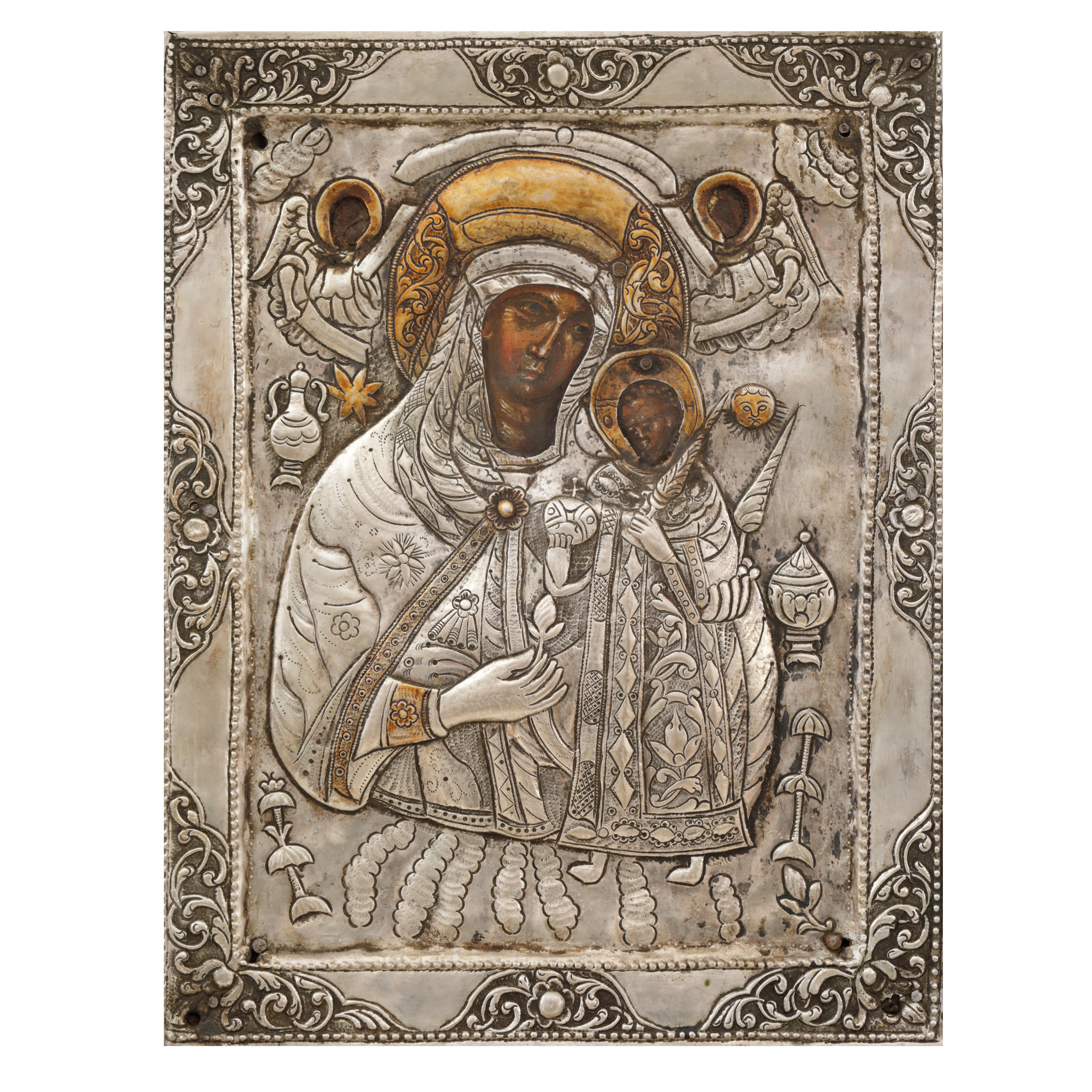 Icon on wood, with silver carving, "Mother of God with the Infant - Unfading Rose", Romanian school, 18th century