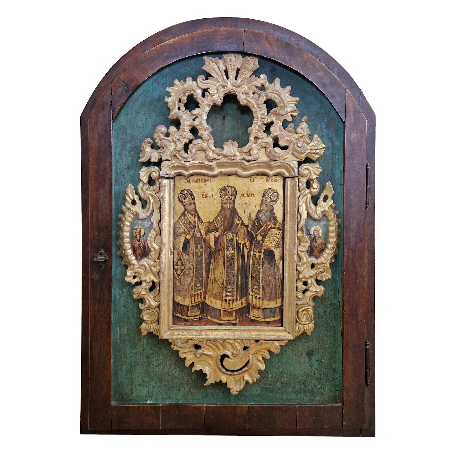 Icoană pe lemn, ”Sfinții Trei Ierarhi (Ioan, Vasile și Grigorie)”, ramă sculptată, școală românească, sfârșitul sec. XVIII, piesă rară, de colecție
