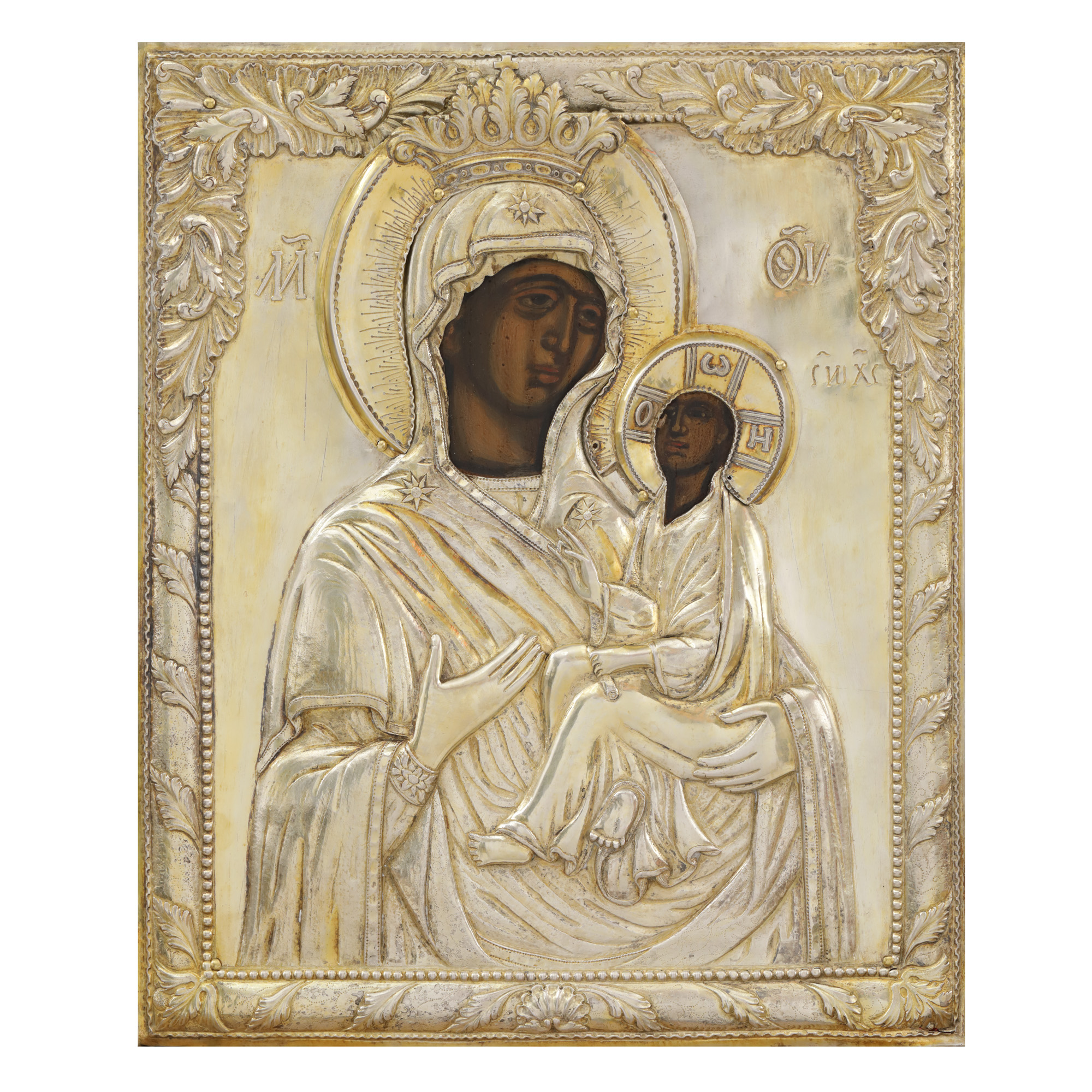 Icon on wood, with silver gilt carve, "Mother of God with the Infant", Romanian school, end of the 18th century, very rare collectable piece.