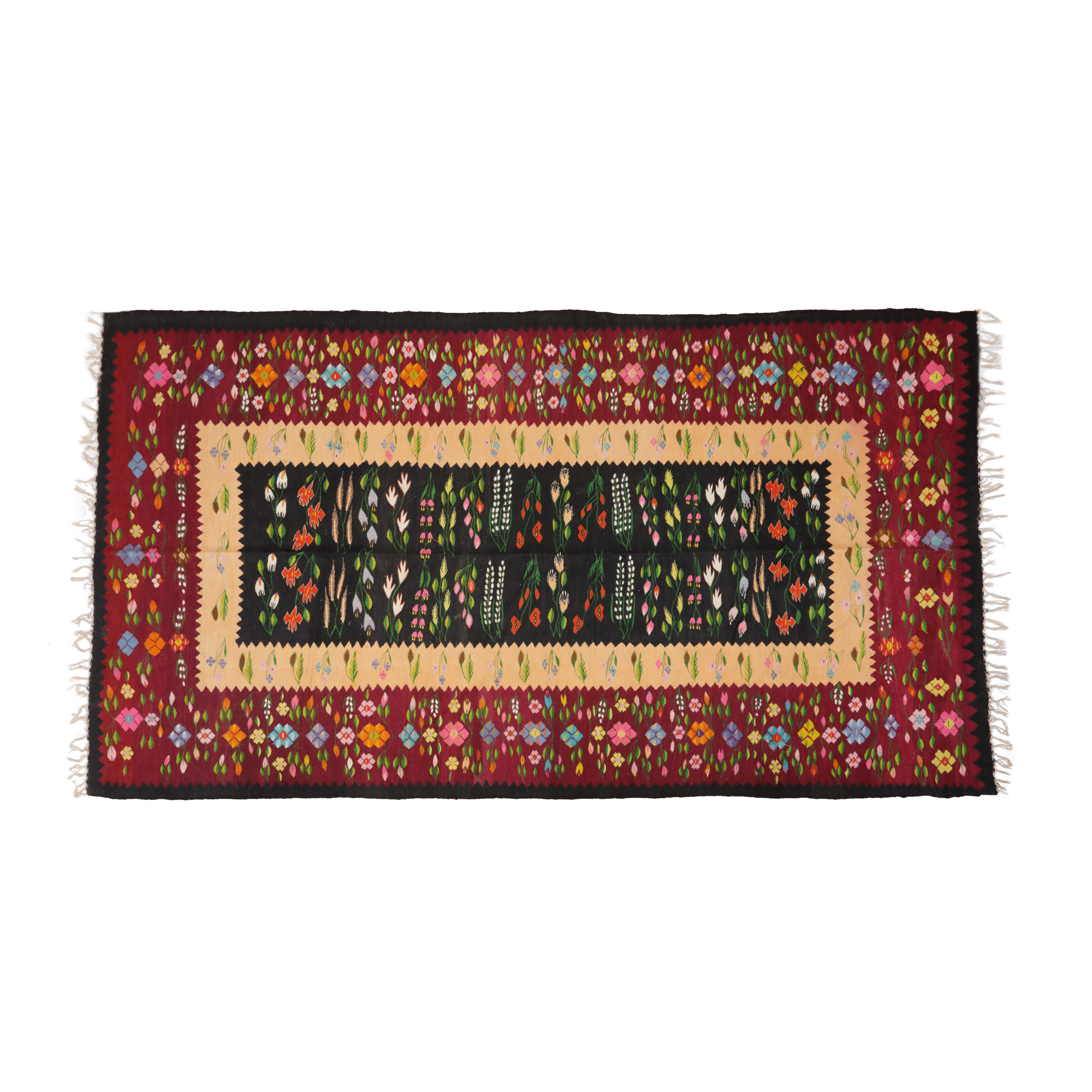 Woolen Oltenian rug, decorated with mallow, tulips and lilies of the valley, mid 20th century