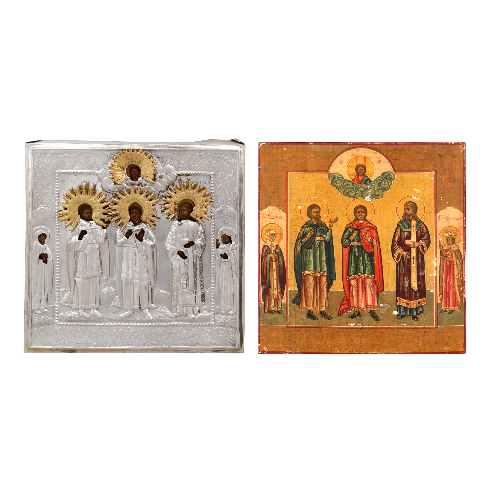 Icon on wood, with silver edging, "Saints Solomon, John, Maxim, and Saints Evdochia and Varvara", Russian school, 1888