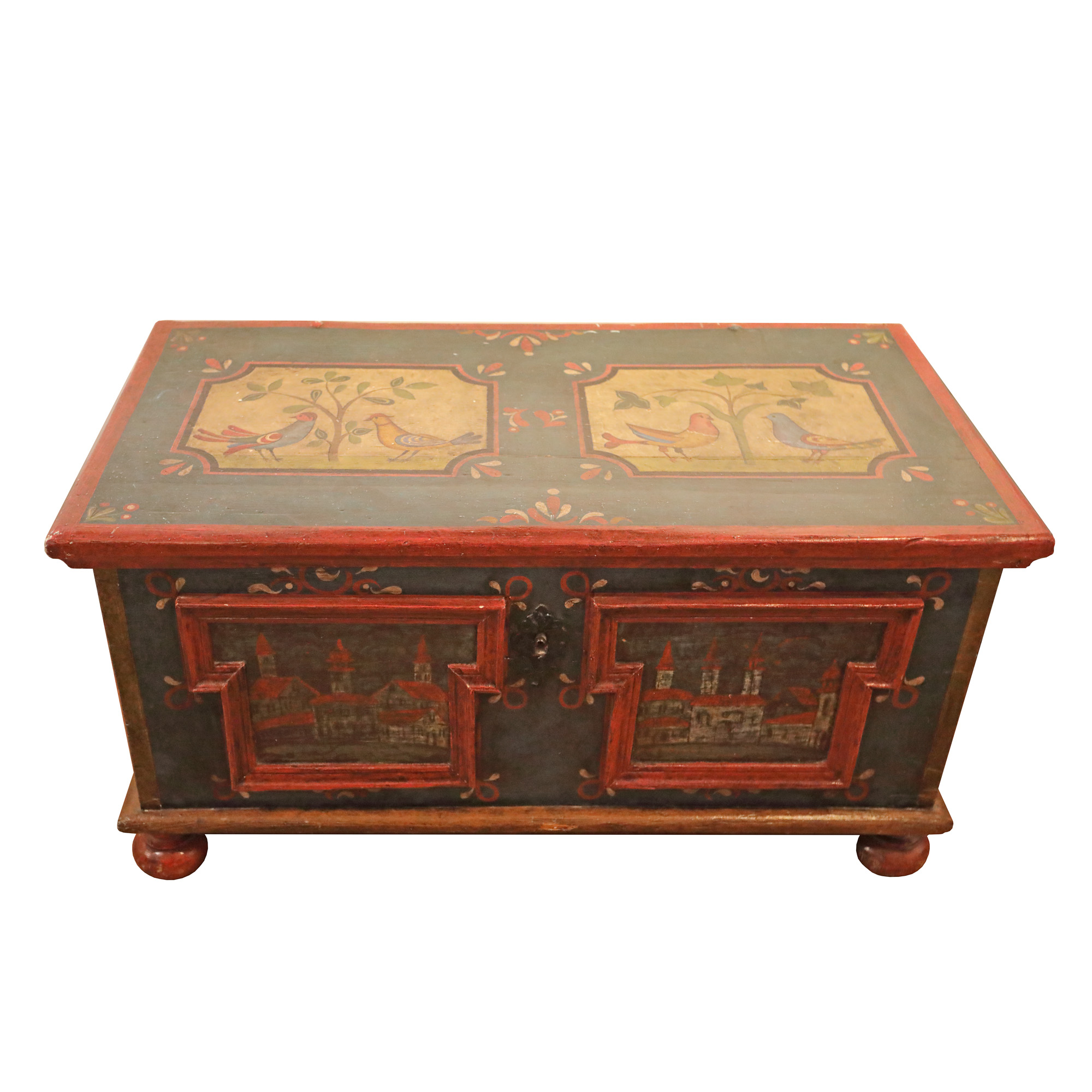Ladă de zestre săsească, decorată cu păsări, atelier din Sibiu, sfârșitul sec. XIX, piesă rară, de colecție