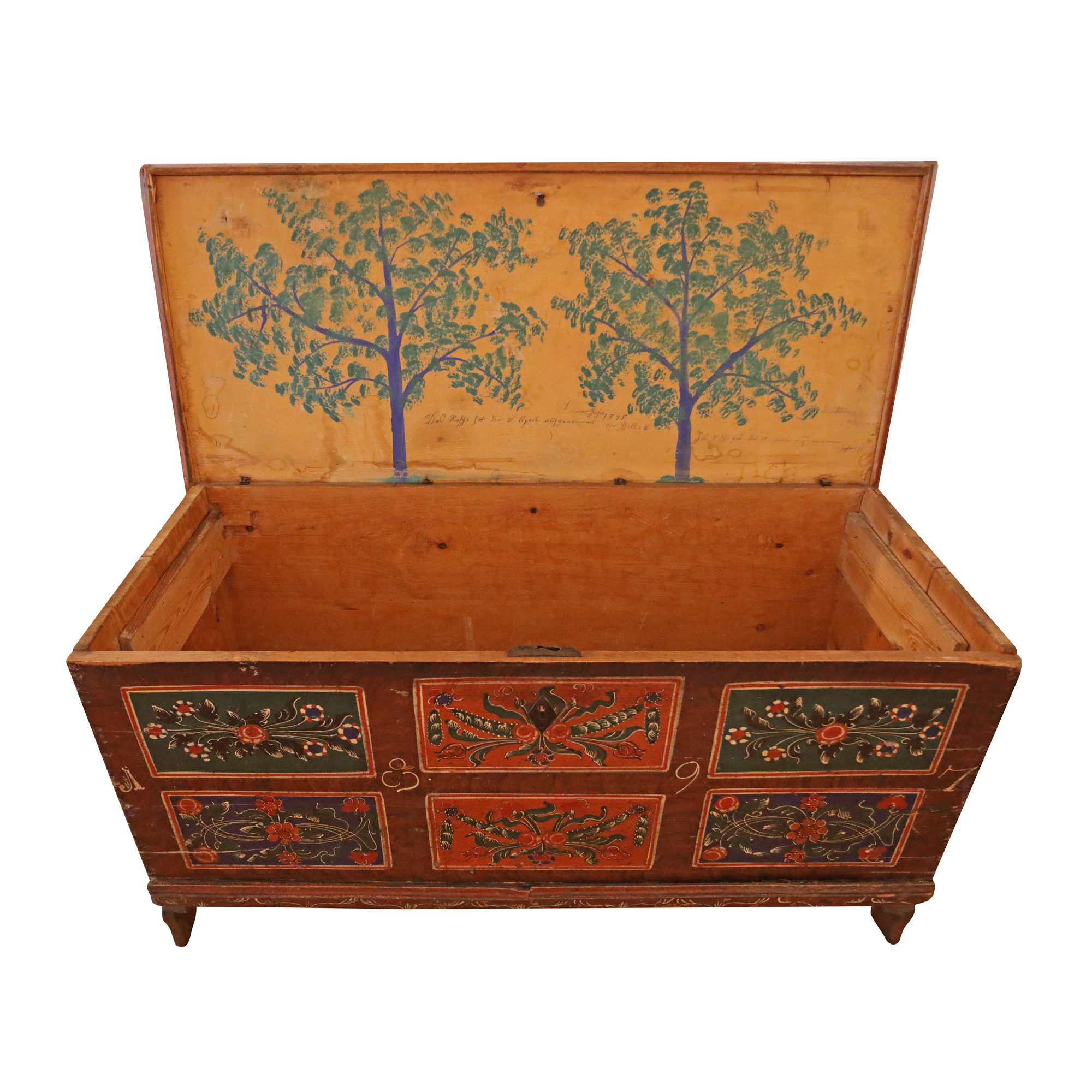 Ladă de zestre săsească, decorată cu buchete florale, probabil Mediaș, datată 1897