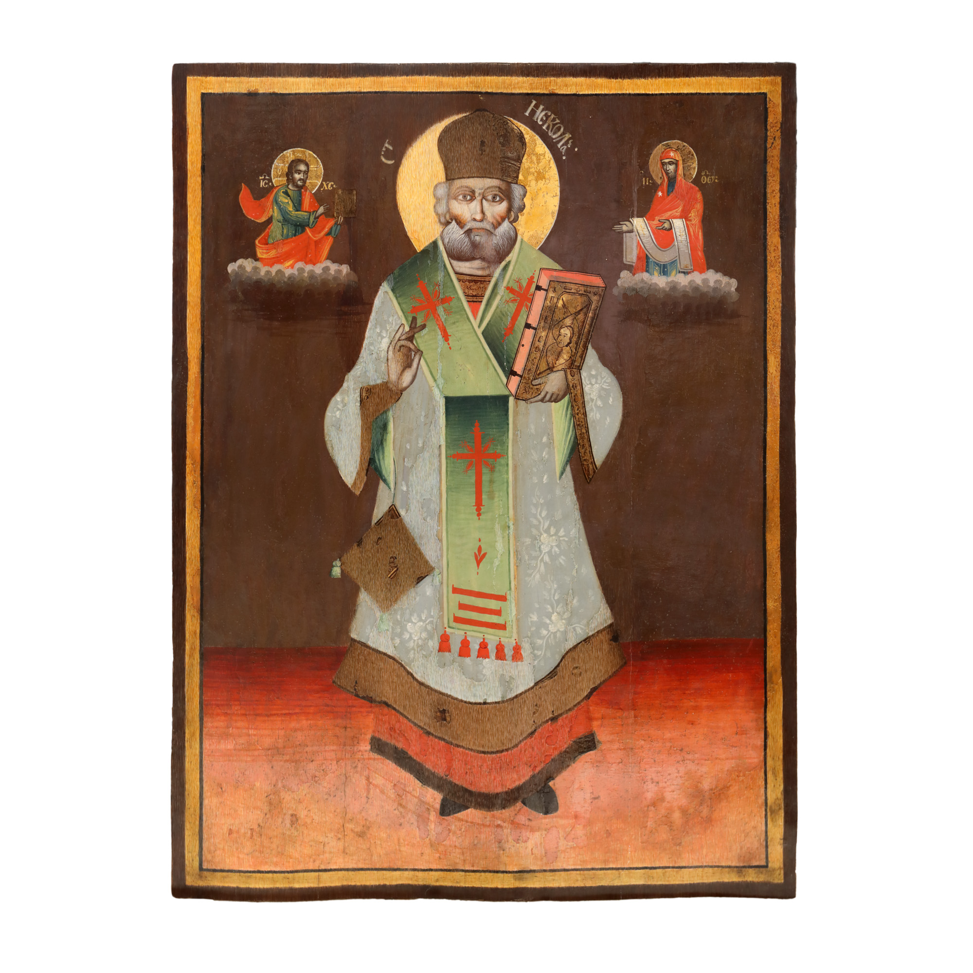 Icoană împărătească pe lemn, ”Sfântul Nicolae făcătorul de minuni”, școală românească, prima jumătate a sec. XIX, provine din colecția vicecampionului mondial de bridge Coriolan Neamțu