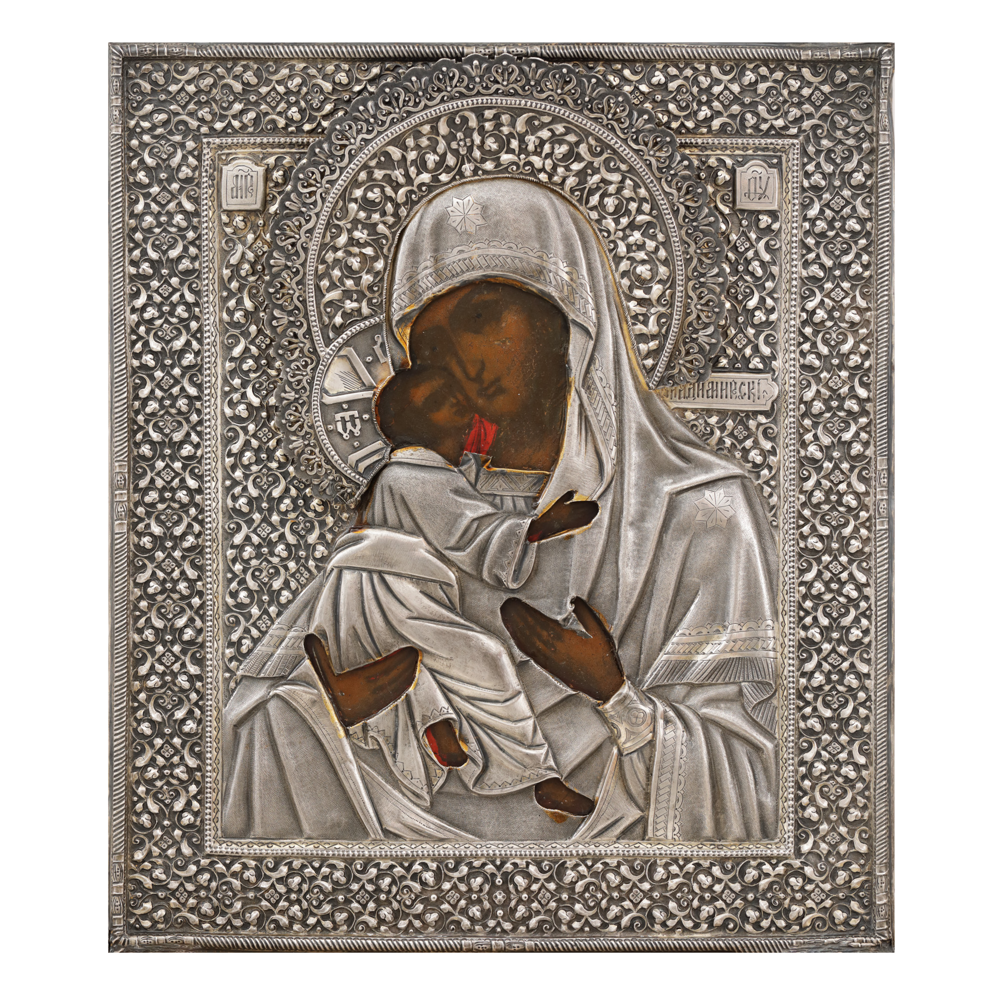 Icoană pe lemn, cu ferecătură din argint, ”Maica Domnului cu Pruncul”, școală rusească, 1895, de colecție