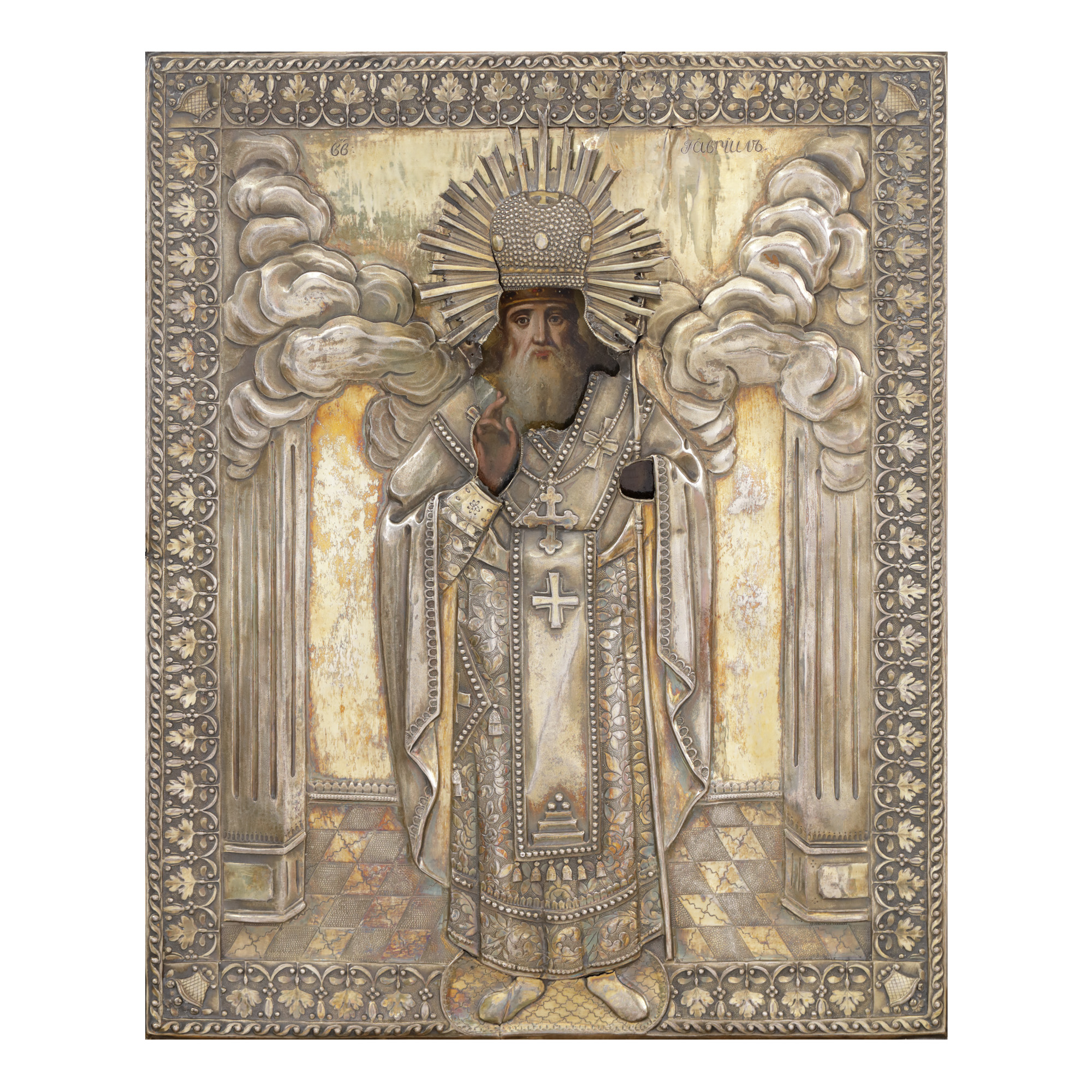 Icoană pe lemn, cu ferecătură din argint aurit, ”Sfântul Ierarh Gavril”, școală rusească, 1831, de colecție 