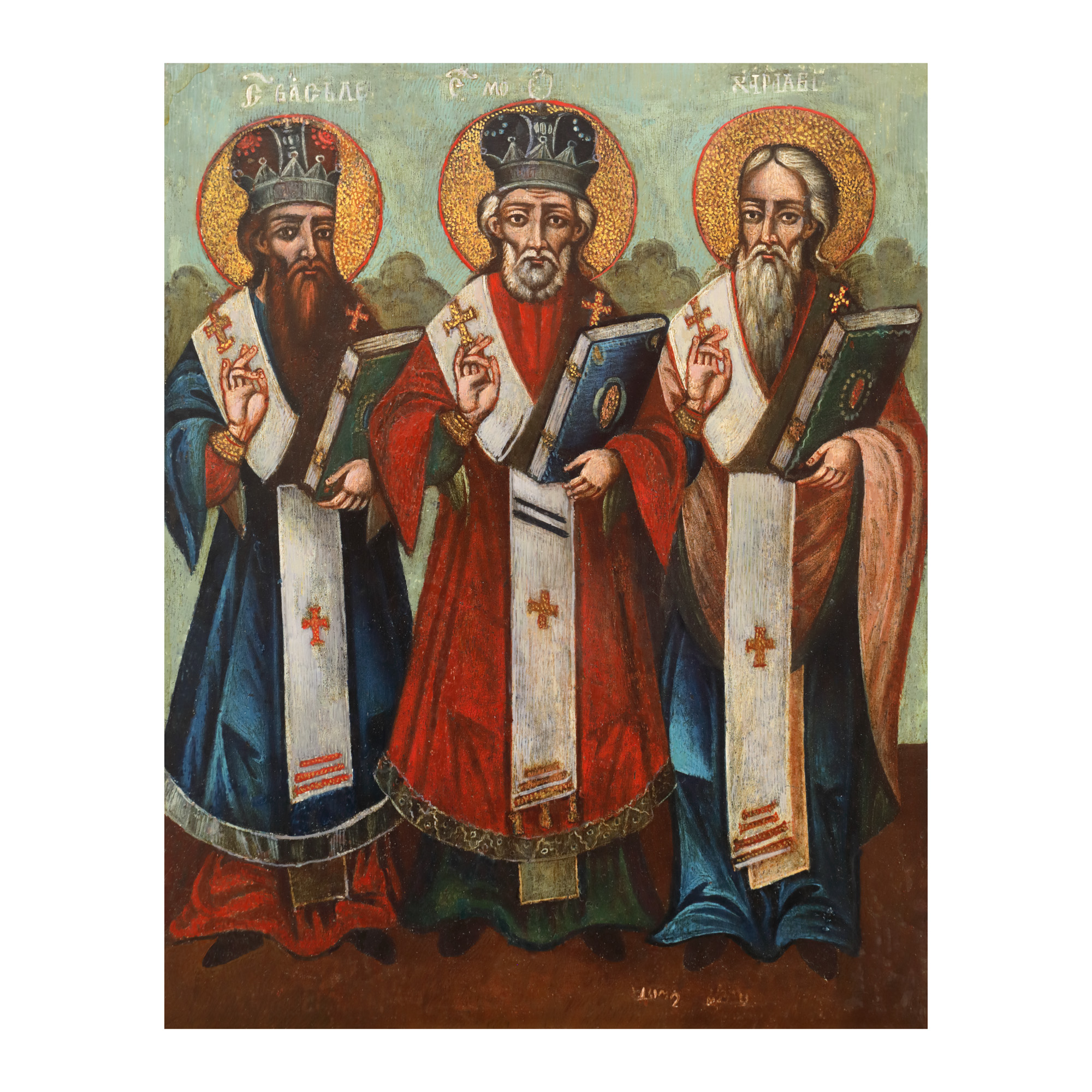 Icon on wood, "Saints Hierarchs Basil, Modest and Haralambos", Romanian school, 1872