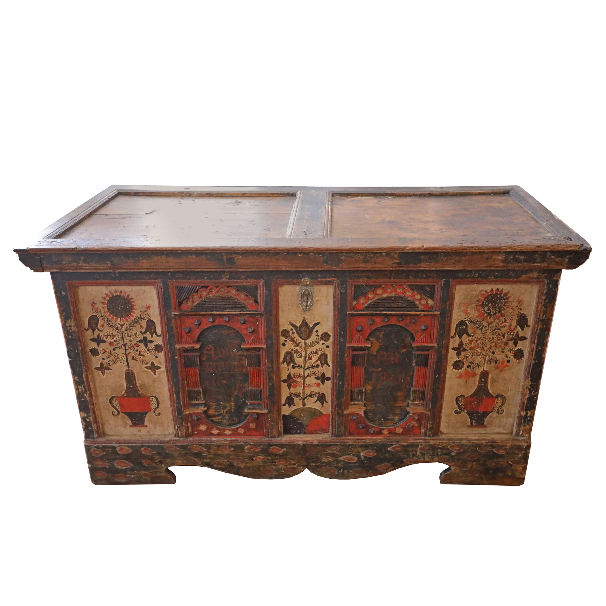 Impressive dowry box painted with tulips, sunflowers and plant motifs, German manufacture, brought to Transylvania by the Saxons, dated 1825.
