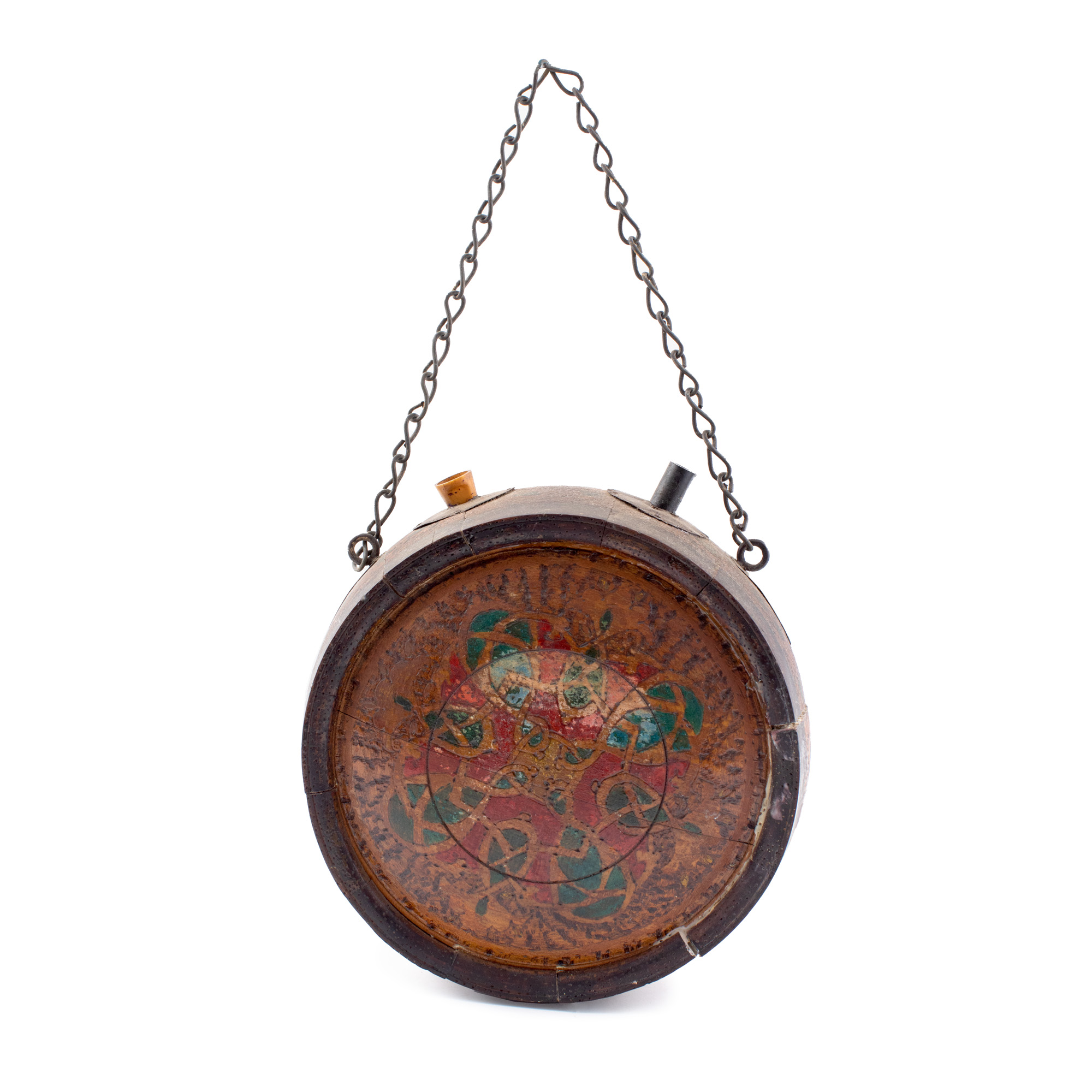 Transylvanian wooden painted flask, decorated with geometric motifs, first half of the 20th century, comes from the collection of the world vice champion of bridge Coriolan Neamțu