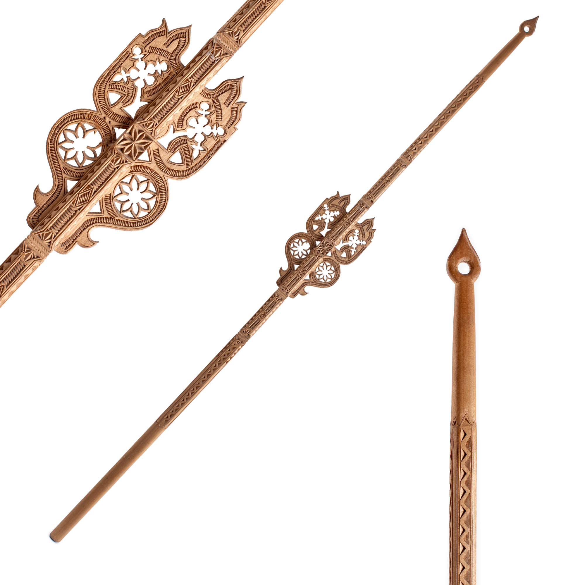 Wooden Spinning Fork, perforated with solar symbols and wolf teeth, Apuseni, 19th century, from the collection of the world vice-champion of bridge Coriolan Neamțu.