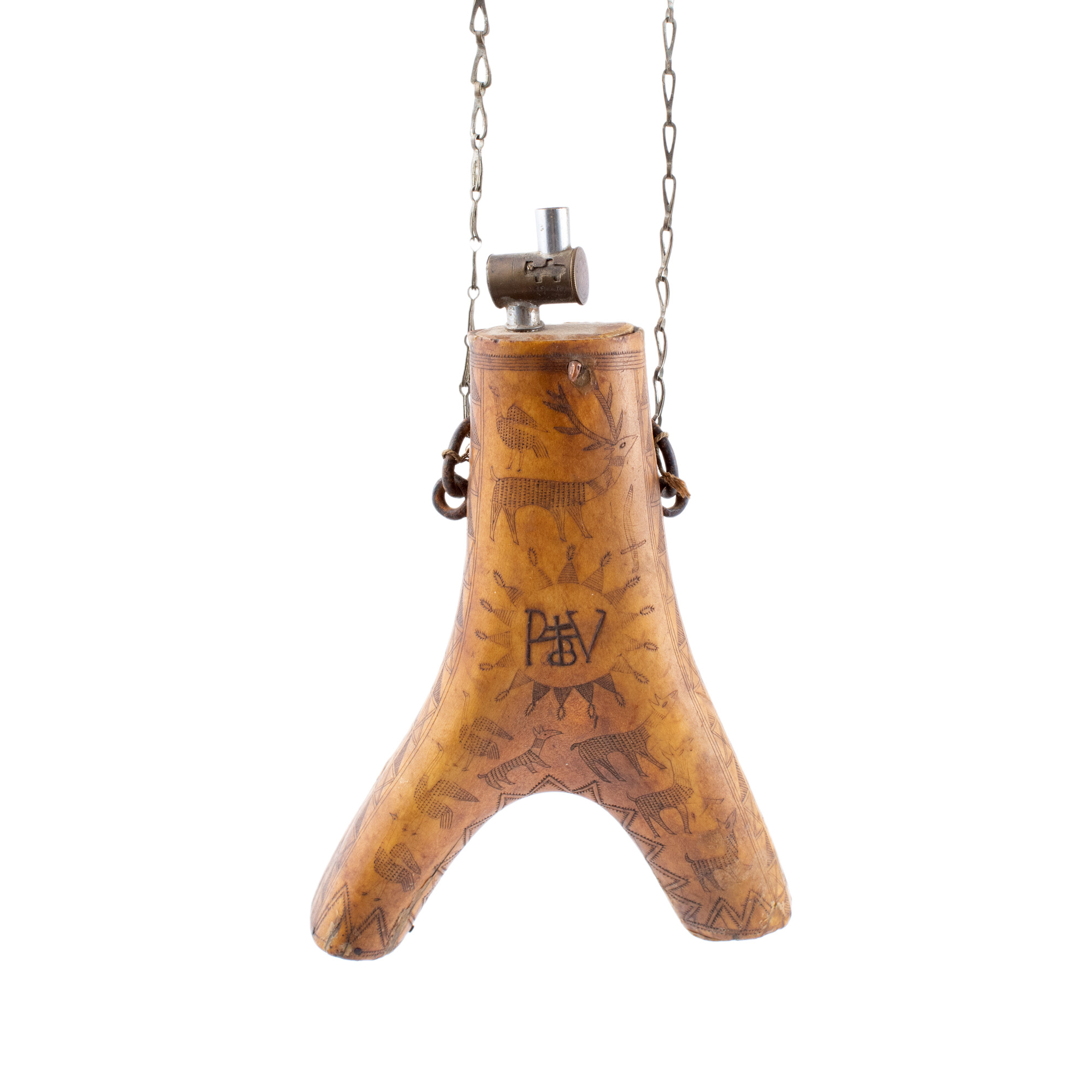 Powder horn made from engraved deer antler, decorated with monogram (P.V.), deer, wolves, and birds, specific to the Ukrainian population (Hutsuls), Bukovina, second half of the 18th century, rare piece, comes from the collection of the world vice-champion of bridge, Coriolan Neamțu.