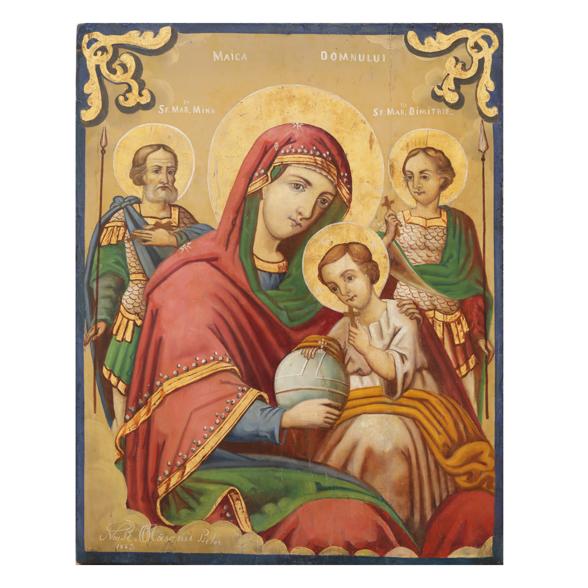 Icon on wood, "Mother of God with the Infant, Saint Mina and Saint Dumitru", by painter Nae R. Orășaniu, Brăila, 1883