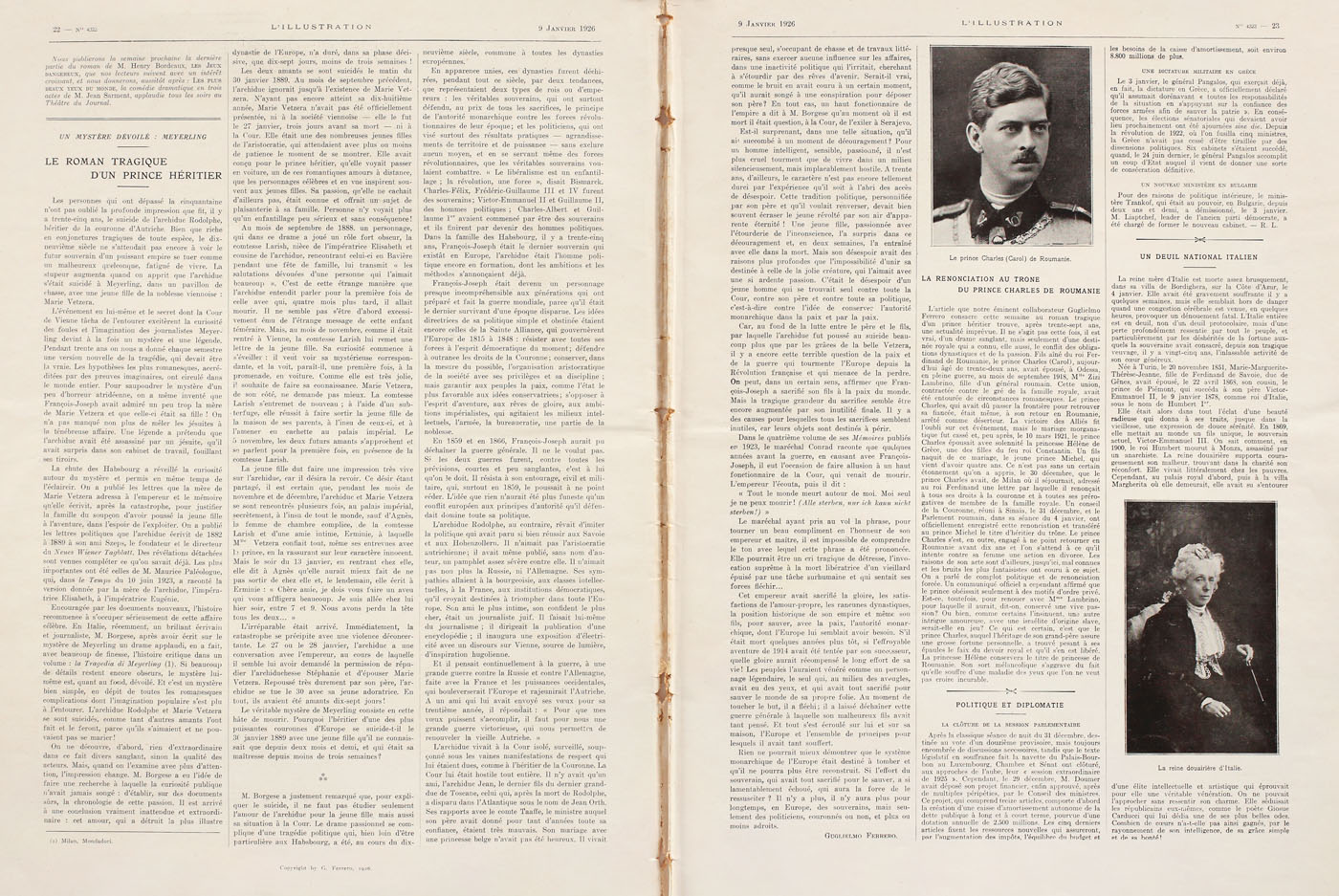 Revista "L'illustration" având pe copertă pe Principele moştenitor Mihai alături de mama sa, Principesa Elena a Greciei, număr apărut după renunţarea la tron a Principelui Carol, 9 ianuarie 1926