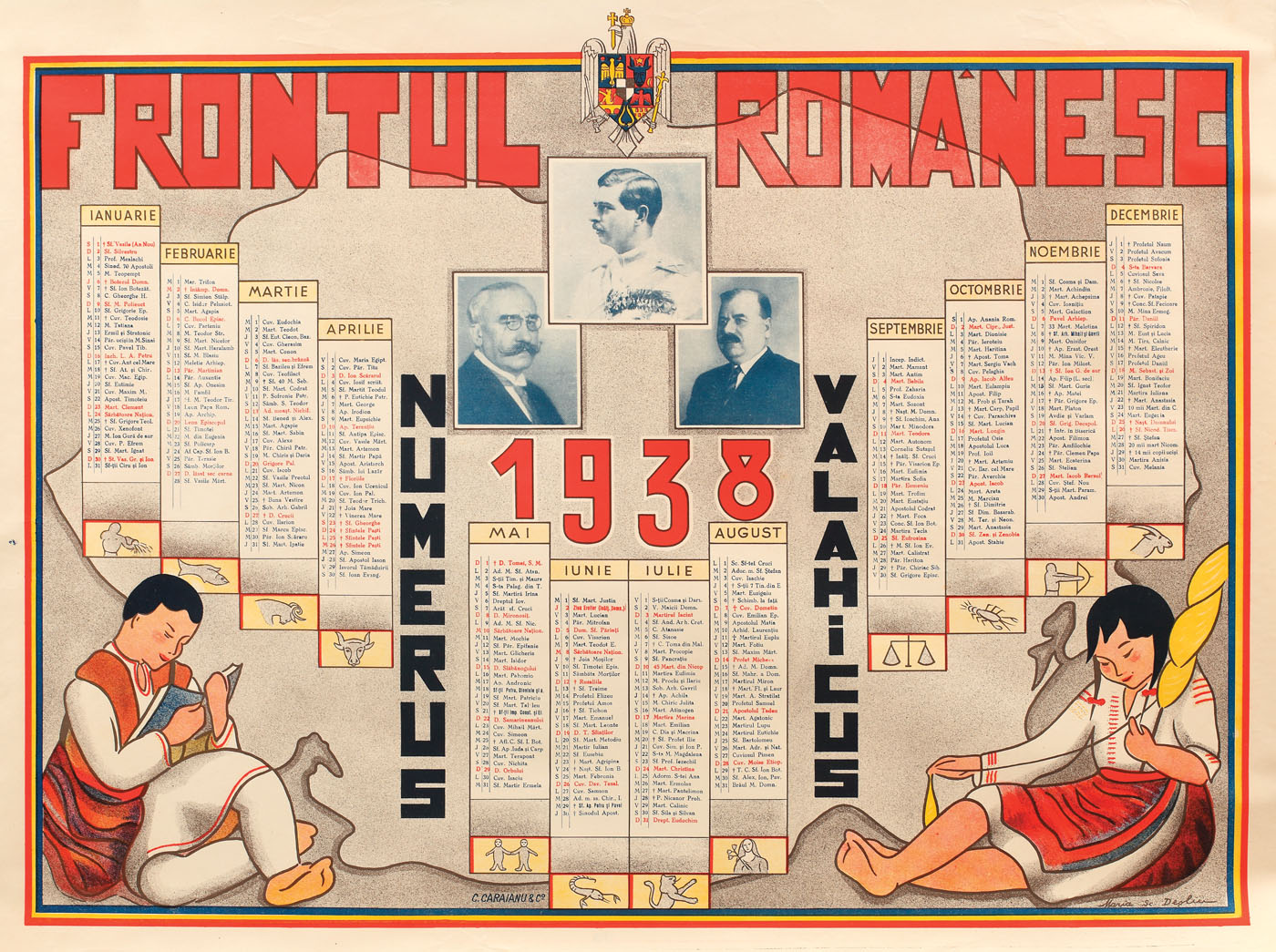 Calendar litografiat al Partidului Frontul Românesc, condus de dr. Alexandru Vaida-Voievod, 1938