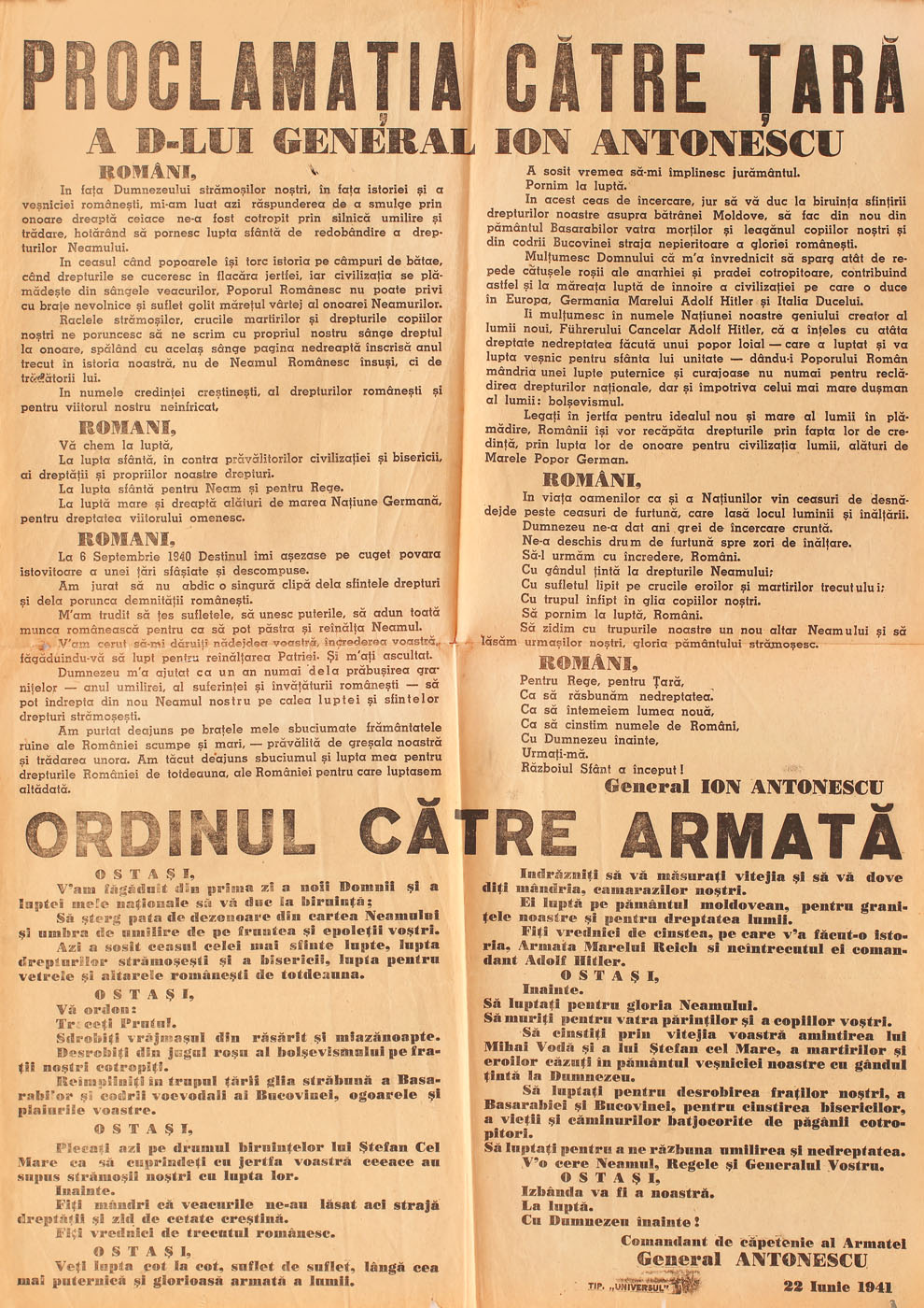 Afiş "Proclamaţia către ţară", a generalului Ion Antonescu prin care se ordonă armatei "Treceţi Prutul!", 1941