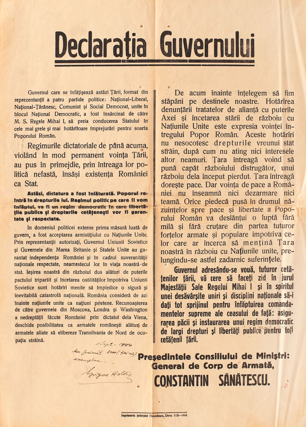 Afiș "Declaraţia către Țară" a Guvernului Sănătescu, despre întoarcerea armelor împotriva Germaniei hitleriste, 23 august 1944, cu mențiuni olografe ale distribuitorului afișului