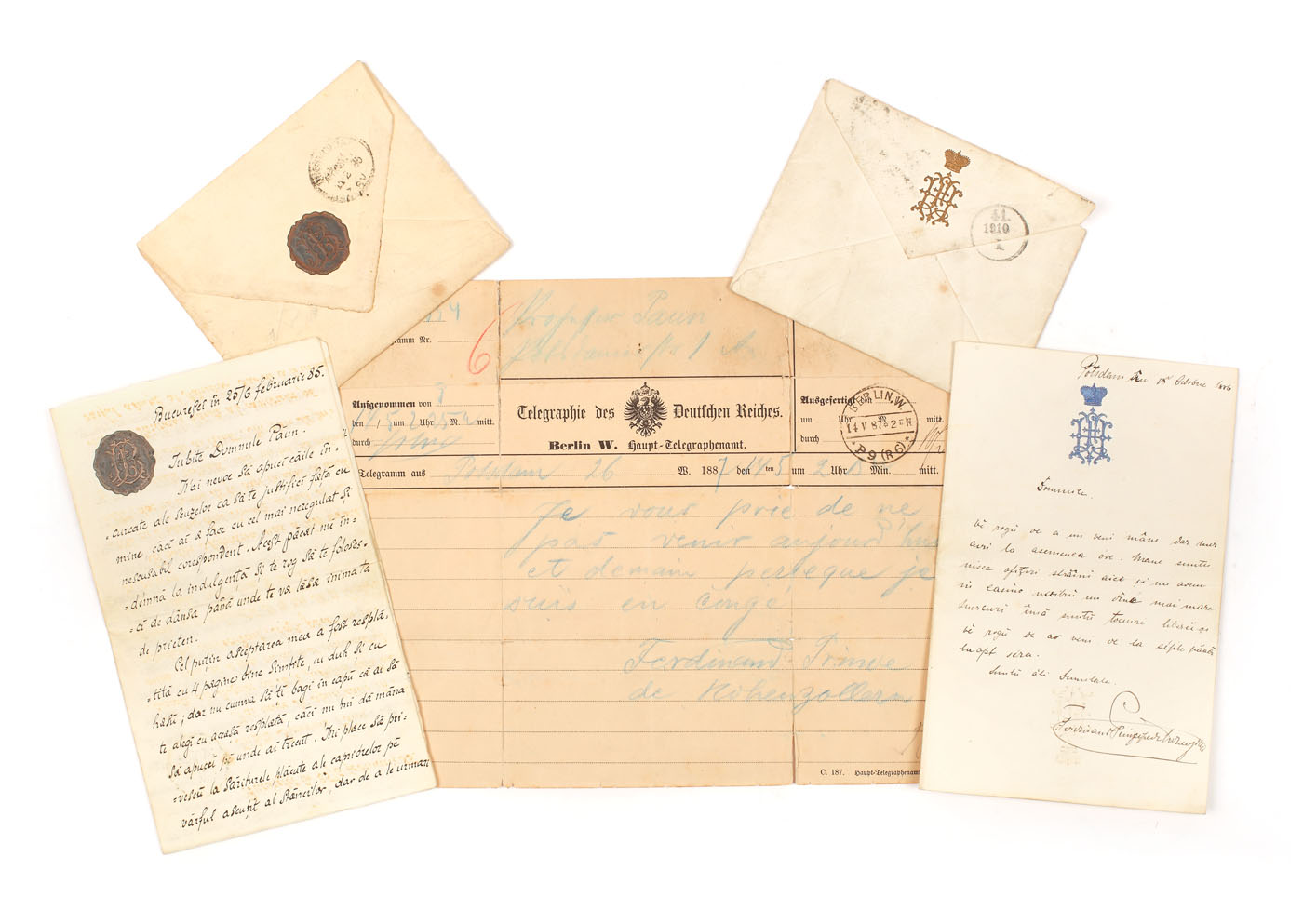 Lot format din 3 piese de corespondenţă (scrisoare olografă trimisă de Principele Ferdinand, Postdam 1886, scrisoare trimisă de Louis Basset, secretarul personal al Regelui Carol I şi o telegramă trimisă de Regele Ferdinand)