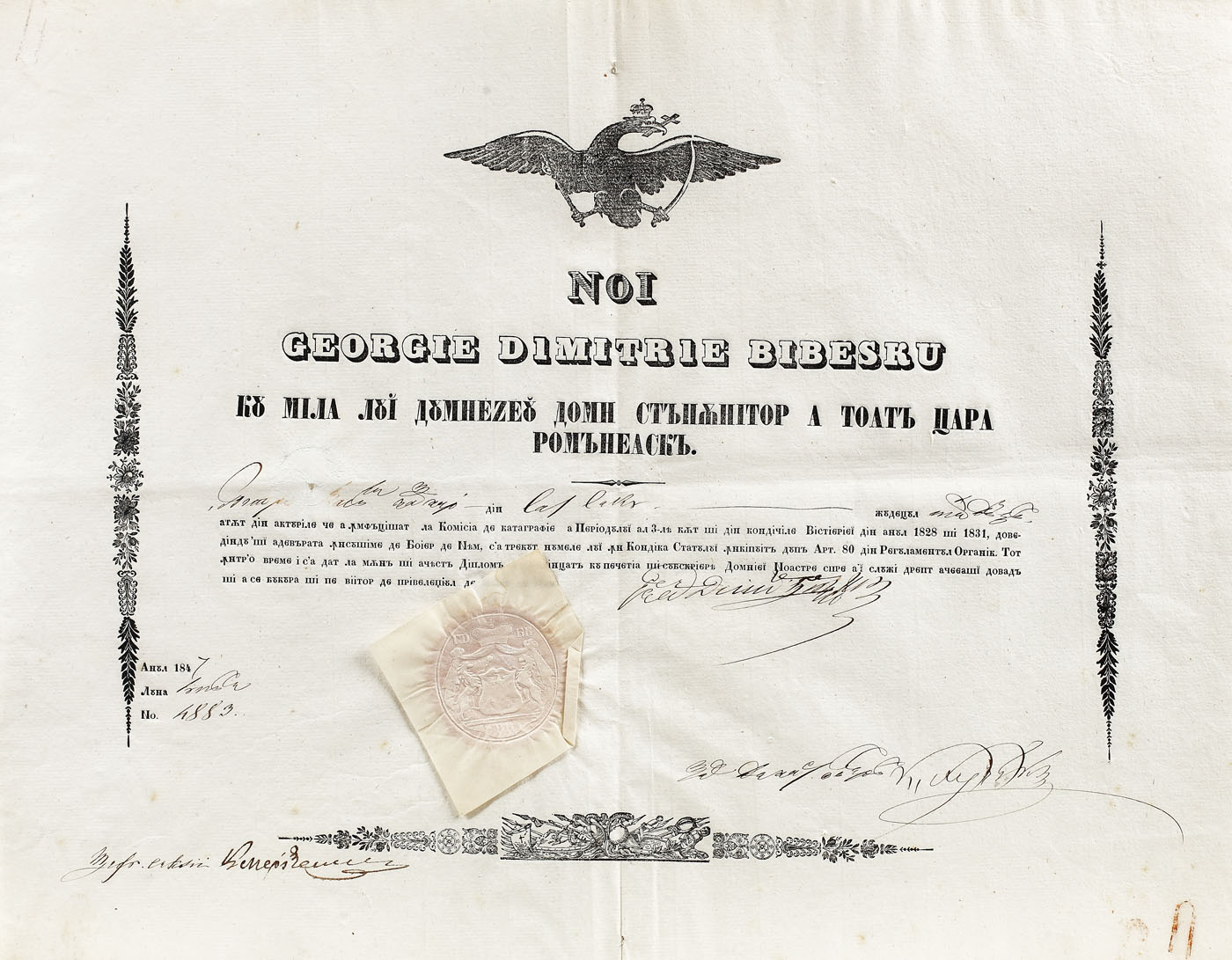 Brevet in recognition of the status of "Boier de neam"/"National Boyar" with the holograph signature of ruler Gheorghe Dimitrie Bibescu, 1847, with seal