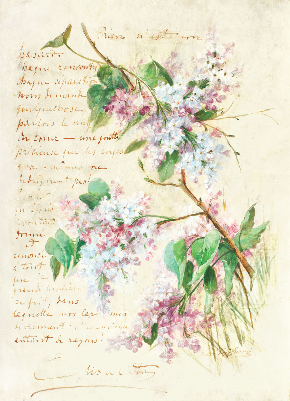 "Nimic nu este întâmplător", panseu al Reginei Elisabeta, însoțit de guașă reprezentând o crenguță de liliac înflorită, realizată de prietena Reginei, pictorița franceză Emma Fanty-Lescure