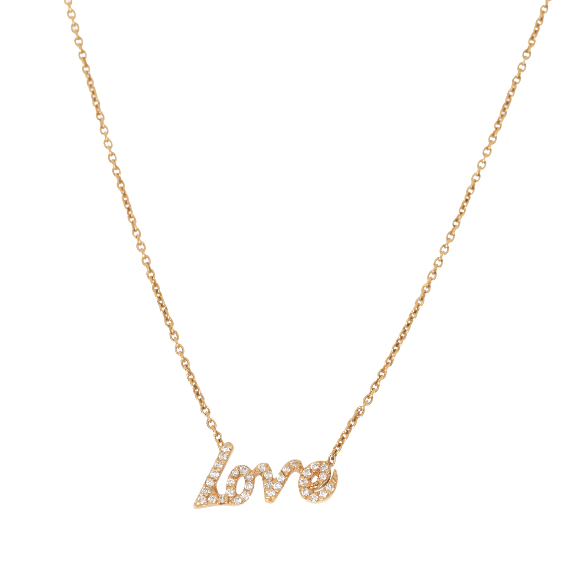 "Love" - lanț cu pandantiv din aur roz, decorat cu diamante