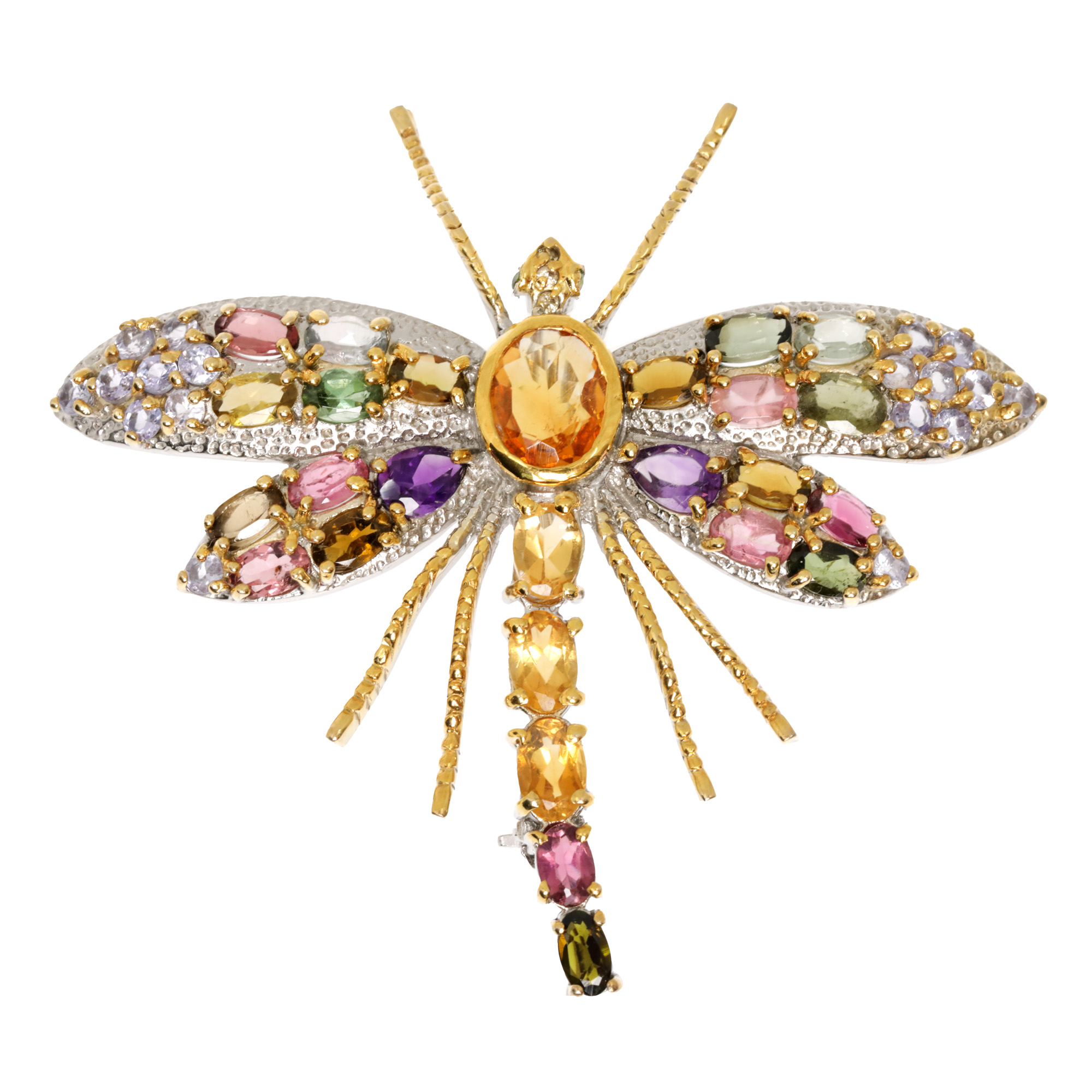 Broșă din argint, sub formă de libelulă, decorată cu citrine, ametiste, turmaline și tanzanite